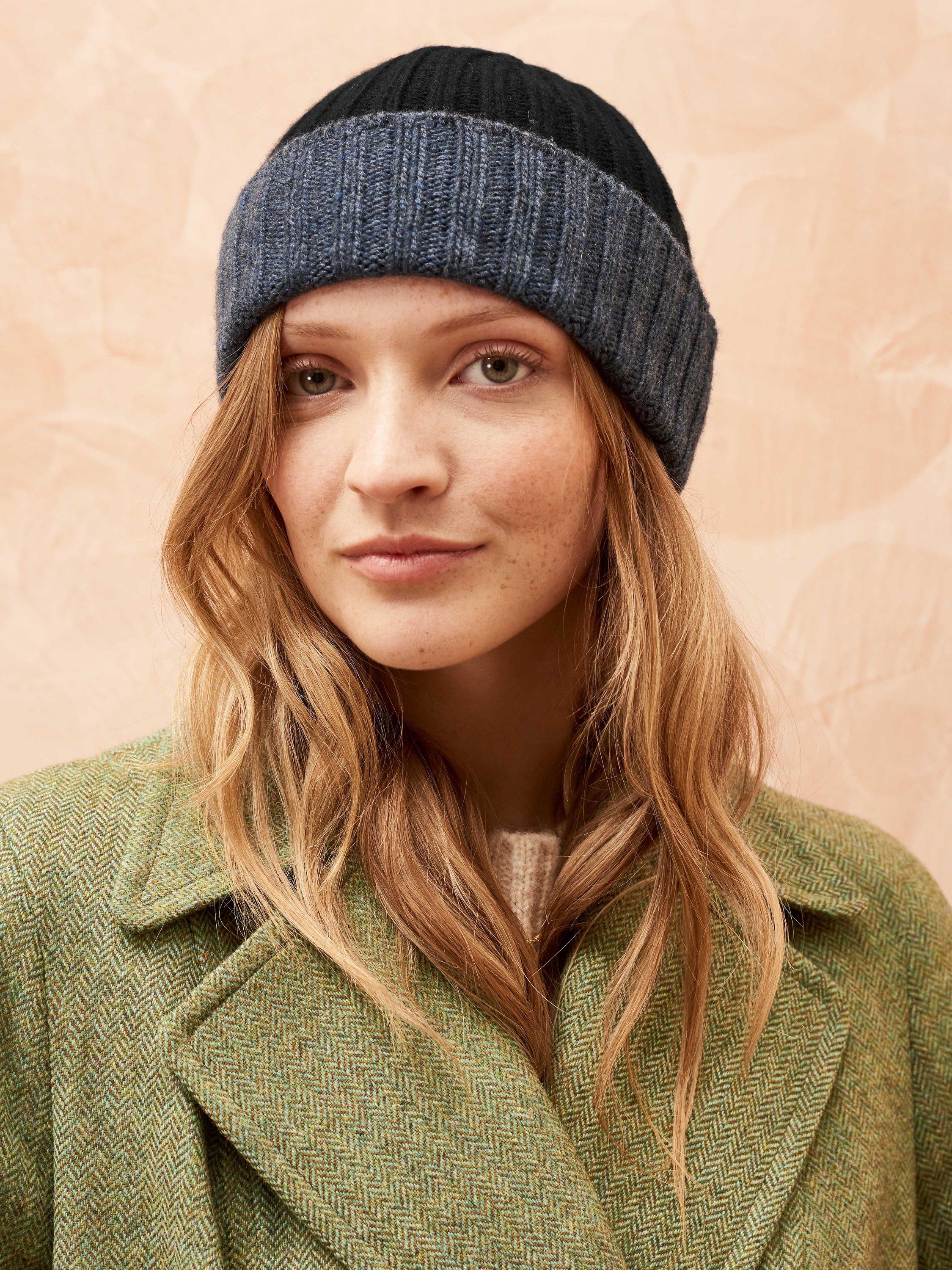 Brora Cashmere Contrast Trim Beanie Hat, Black/Steel