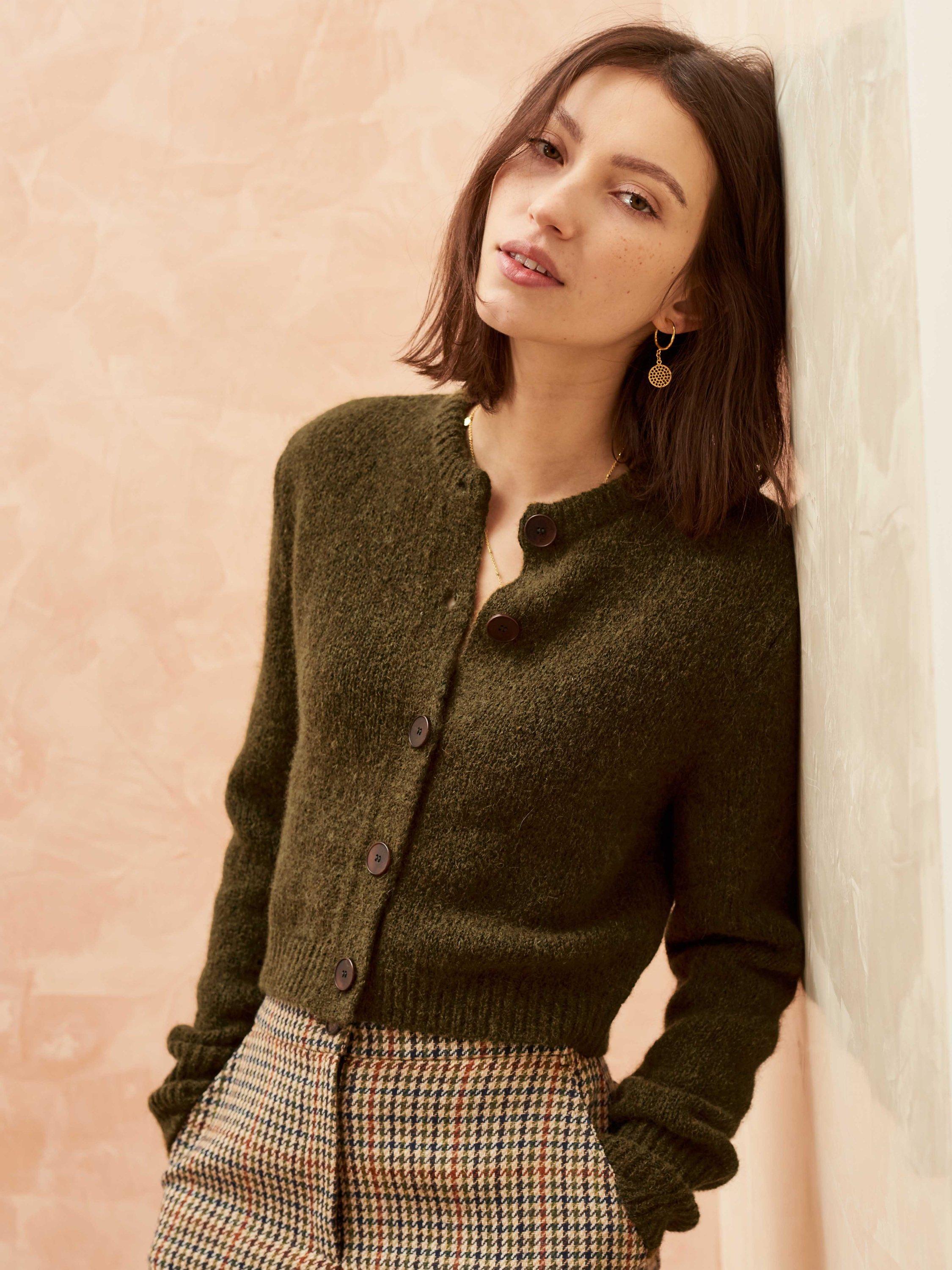 Brora Alpaca Cropped Cardigan, Olive