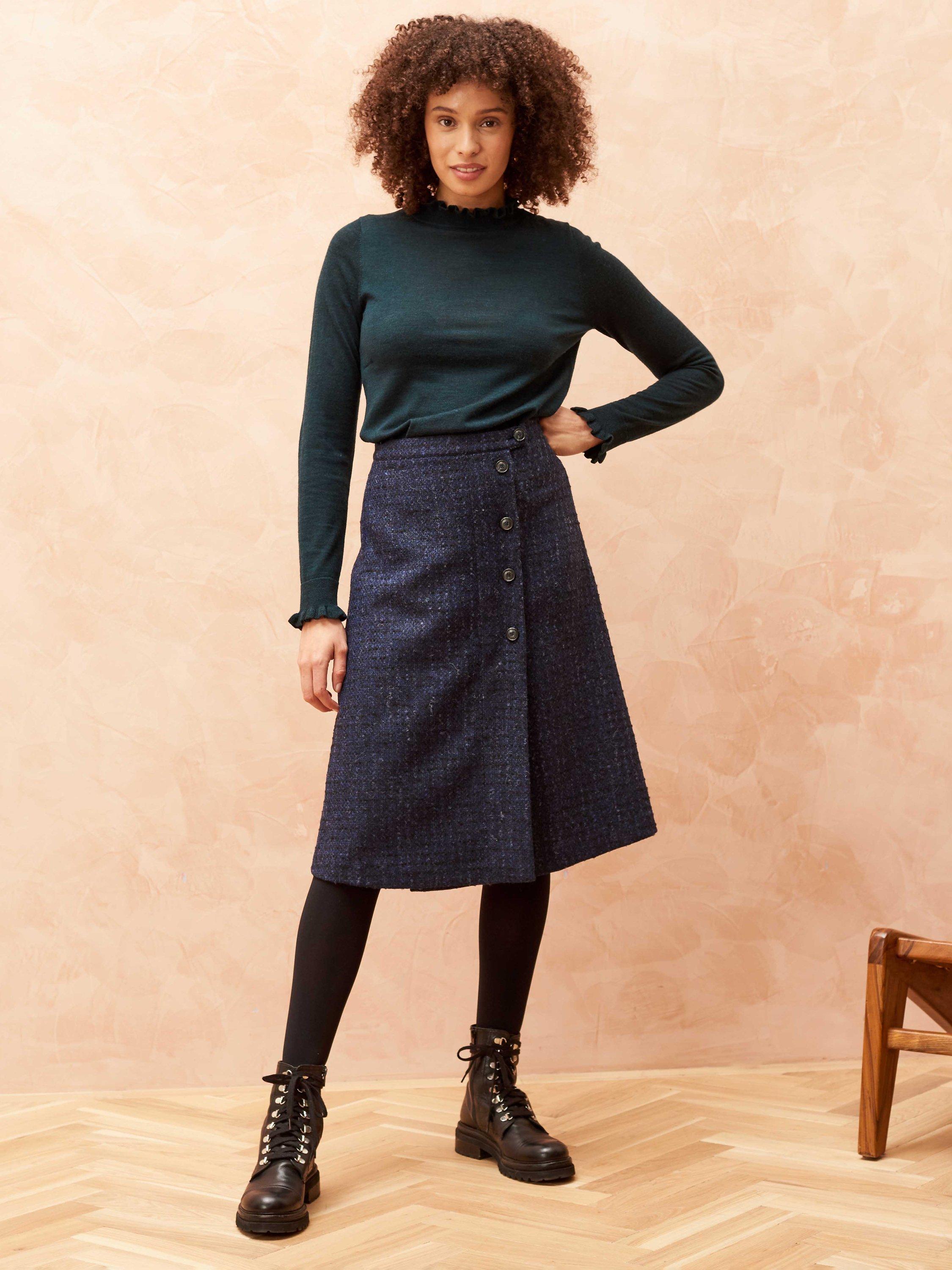 Brora Textured Tweed Check Midi Skirt, Indigo