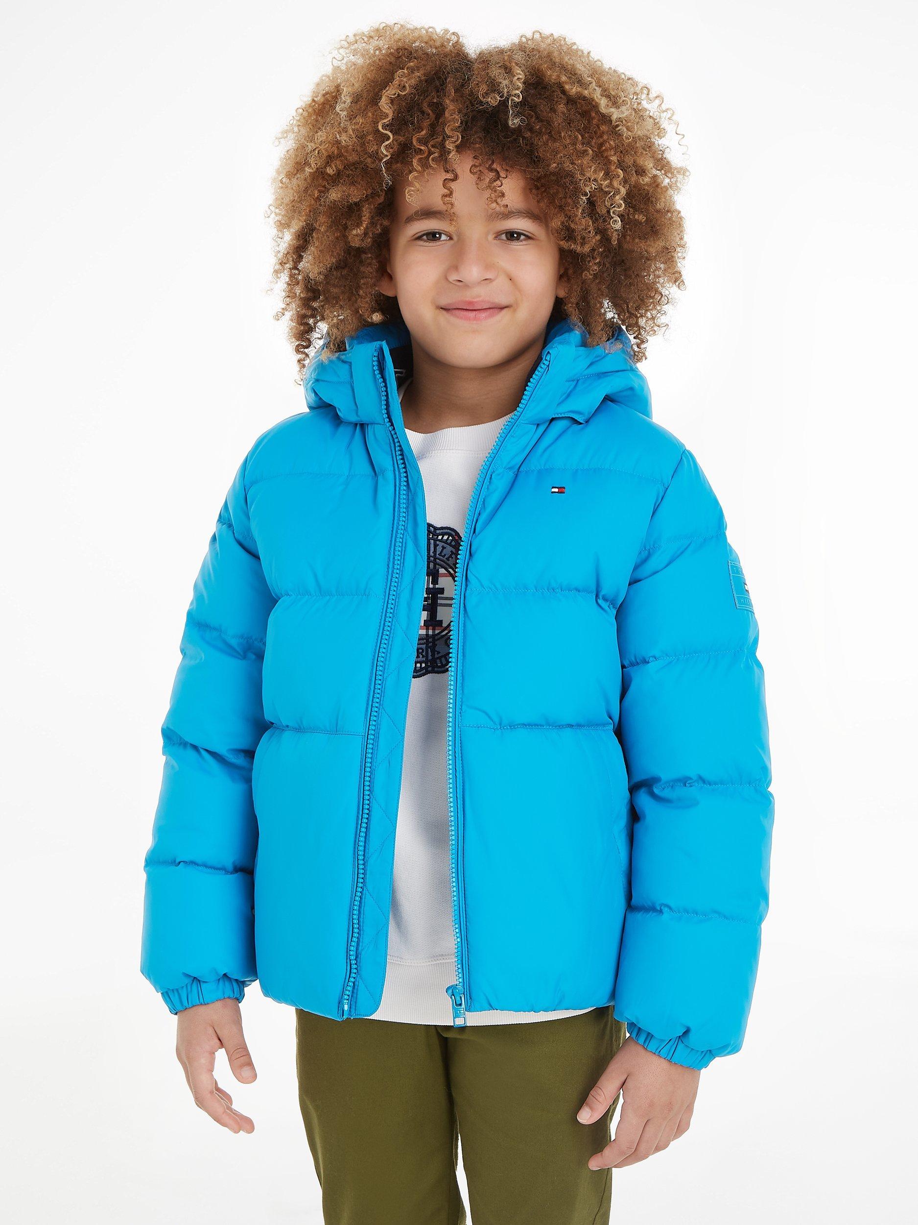 Tommy Hilfiger Kids' Essential Padded Down Logo Hooded Jacket, Cerulean Aqua