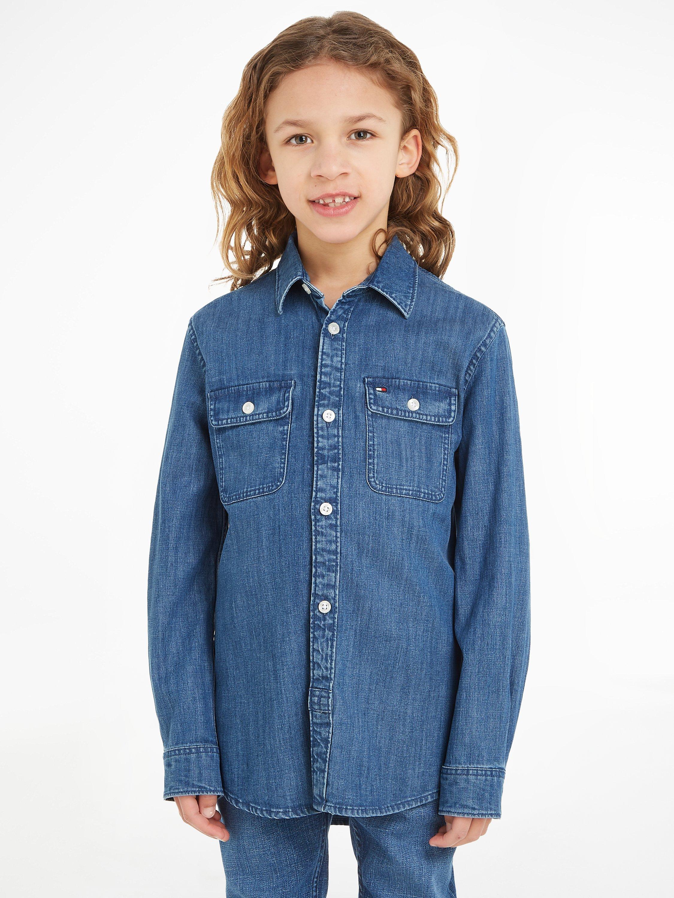 Tommy Hilfiger Kids' Essential Logo Denim Shirt, Dark Wash