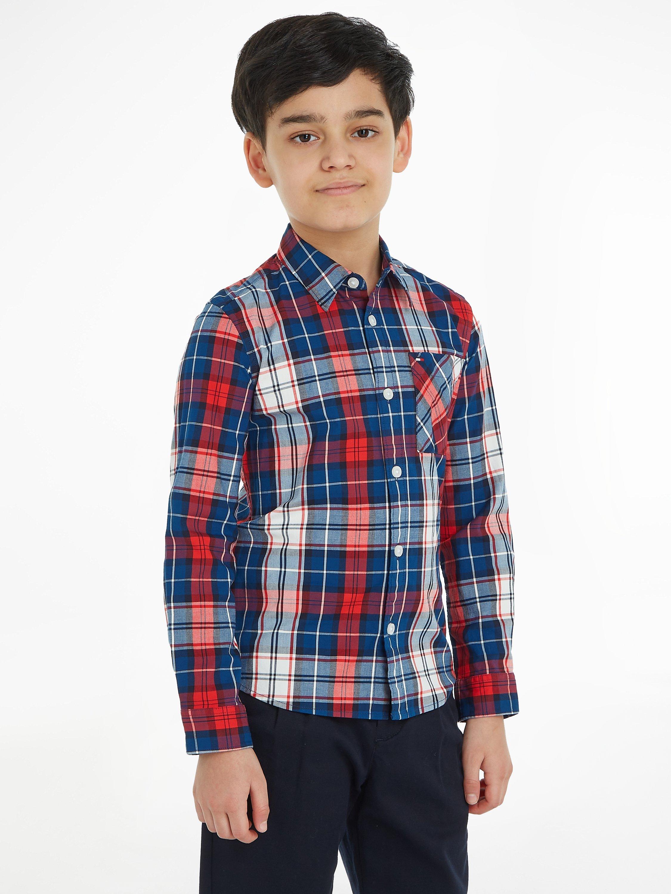Tommy Hilfiger Kids' Regular Fit Tartan Logo Shirt, Blue Check