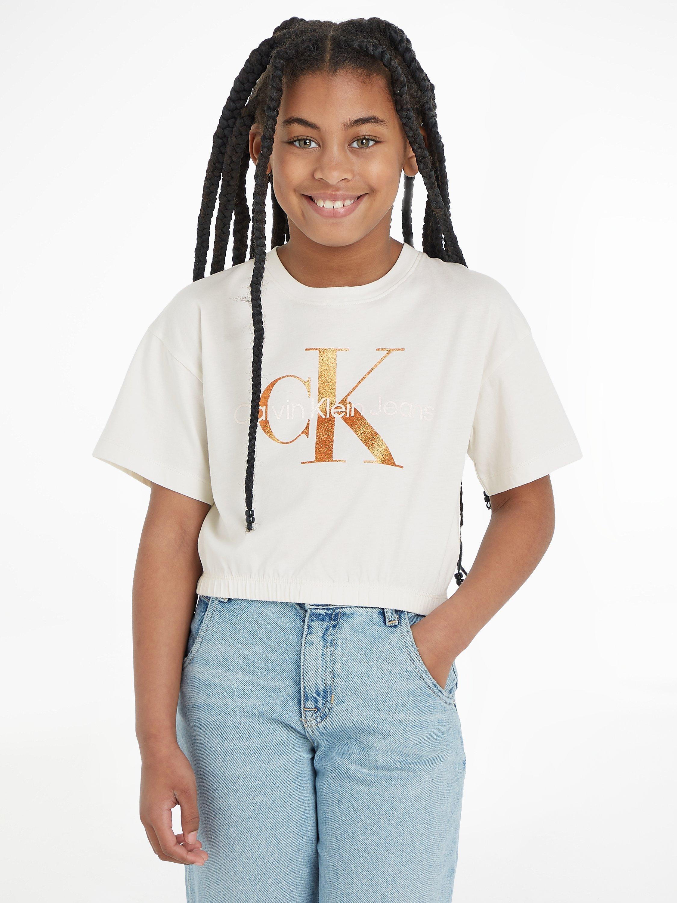 Calvin Klein Kids' CKJ Bronze Monogram Cropped T-Shirt, Ivory