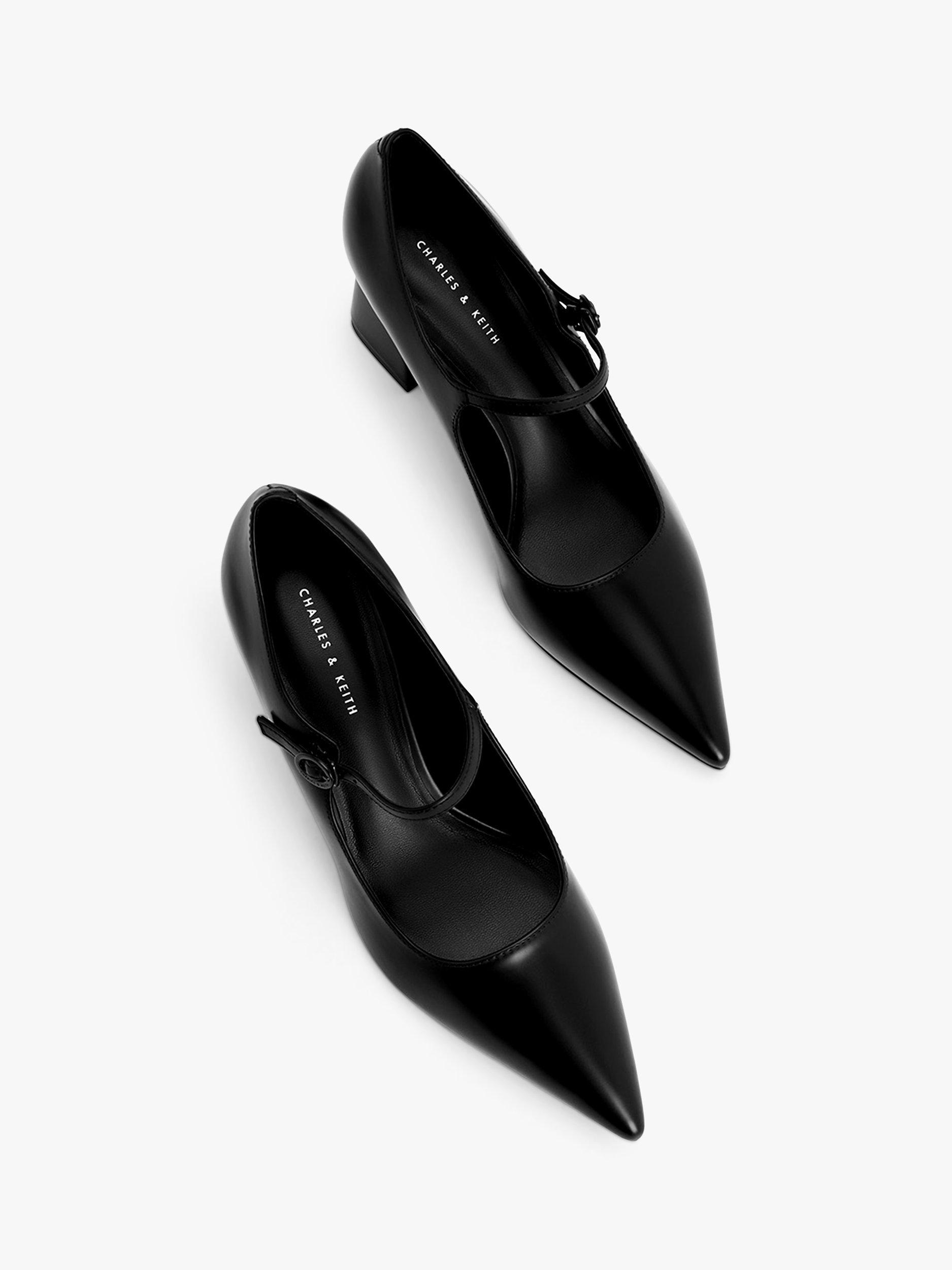 CHARLES KEITH Block Heel Pointed Mary Janes Black Box