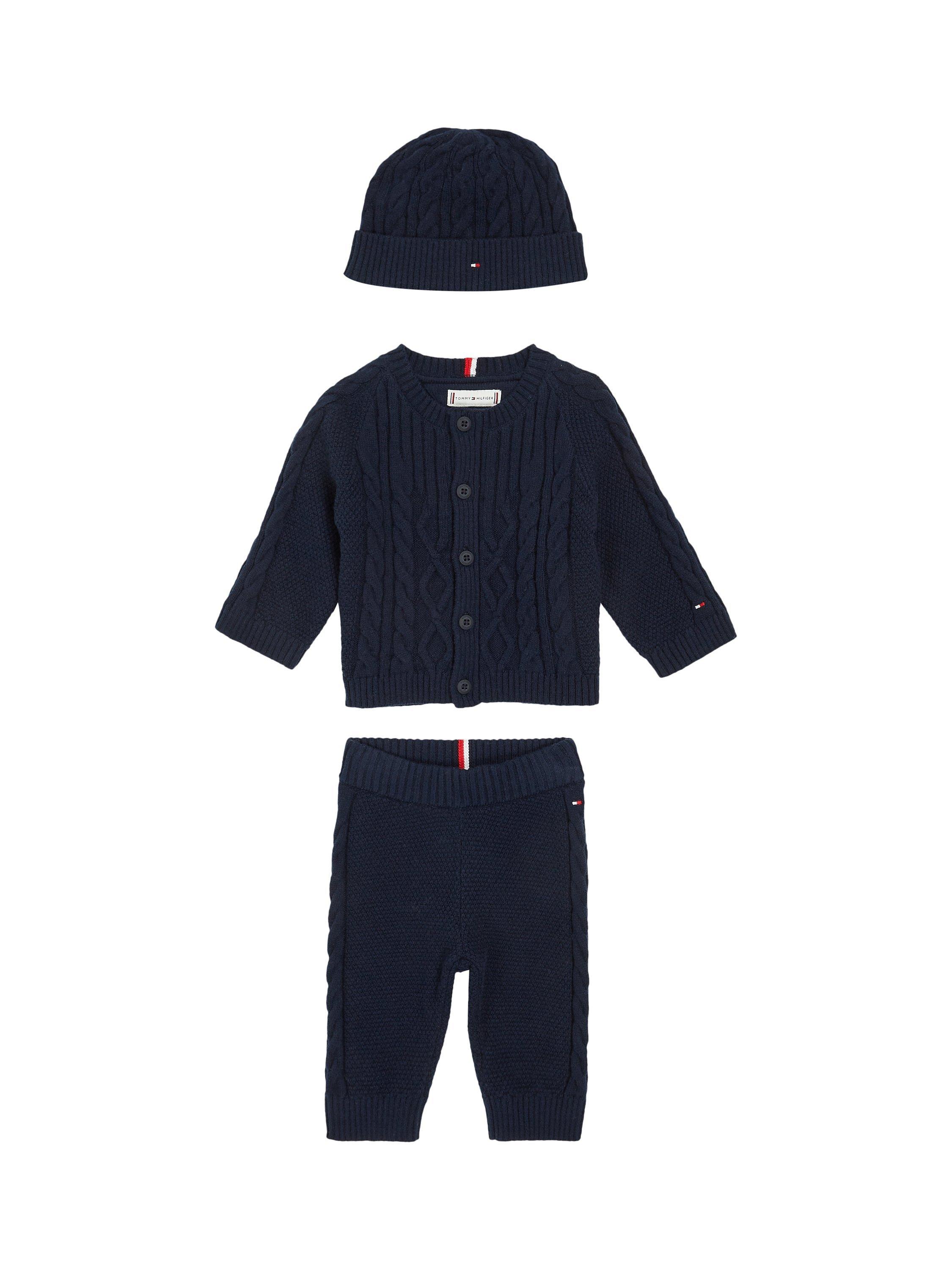 Tommy Hilfiger Baby Logo Cable Knit Hat, Cardigan & Trousers Set, Desert Sky