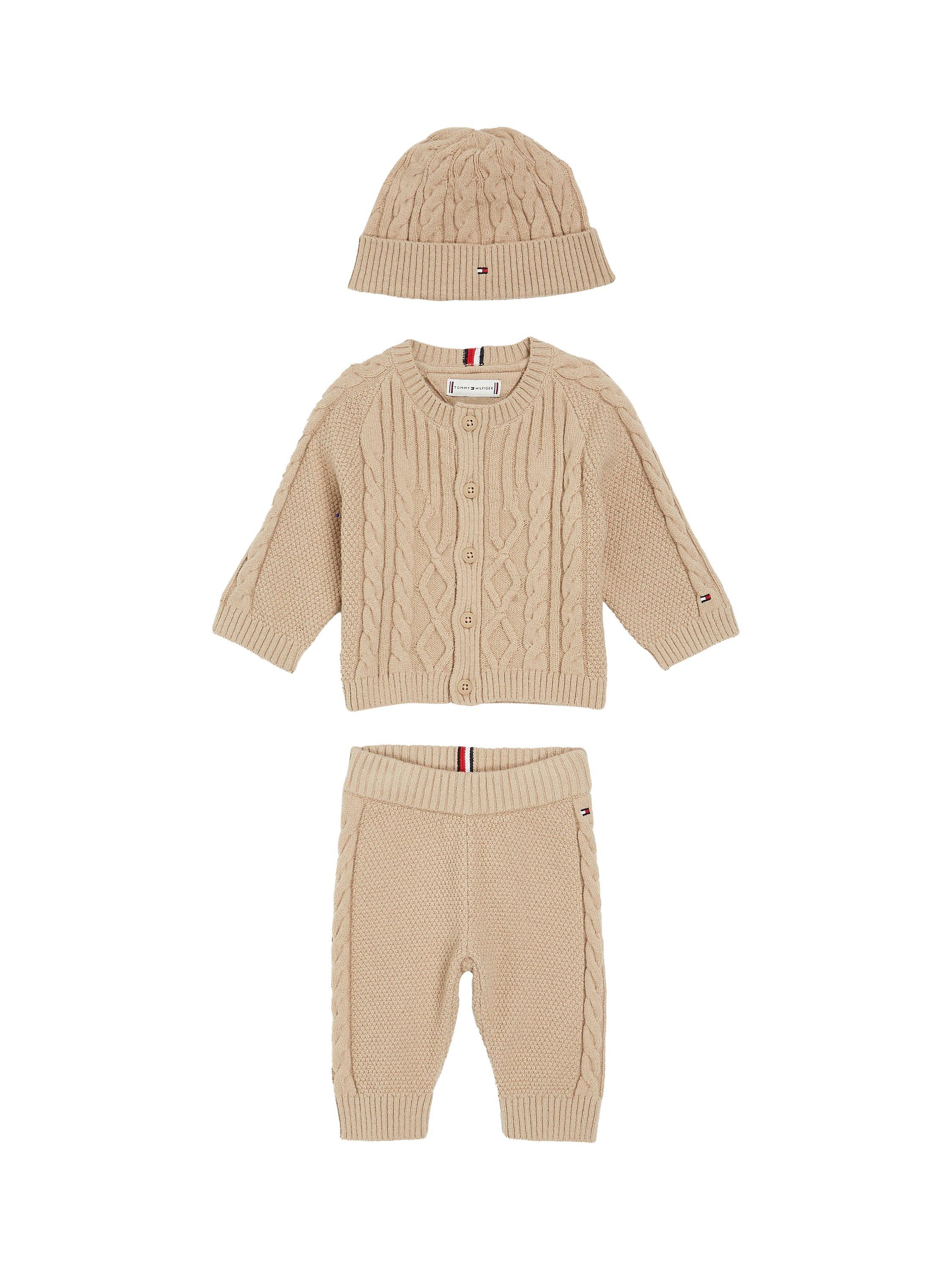 Tommy Hilfiger Baby Logo Cable Knit Hat, Cardigan & Trousers Set, Merino
