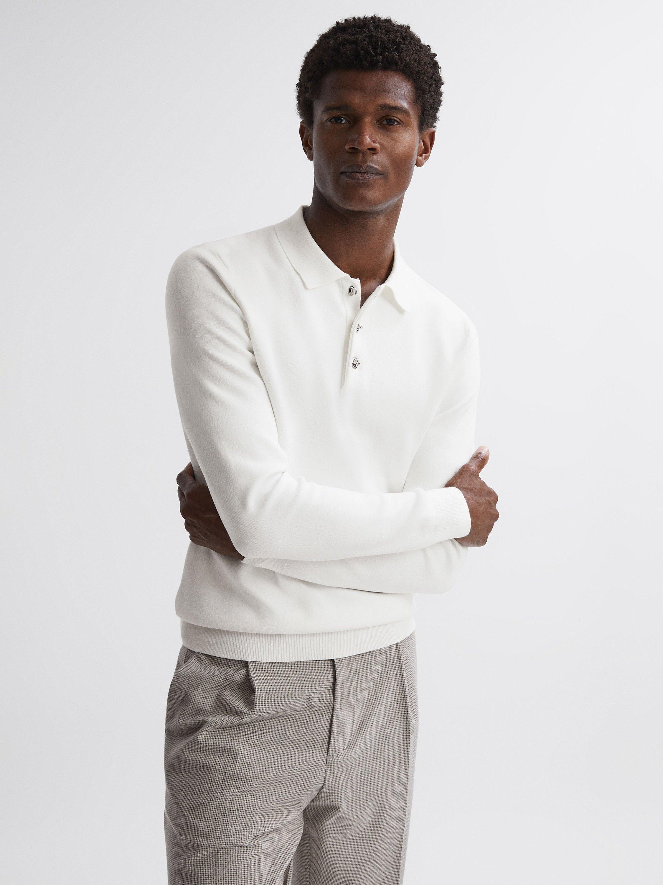 Reiss Sharp Long Sleeve Knit Polo Shirt, Ecru