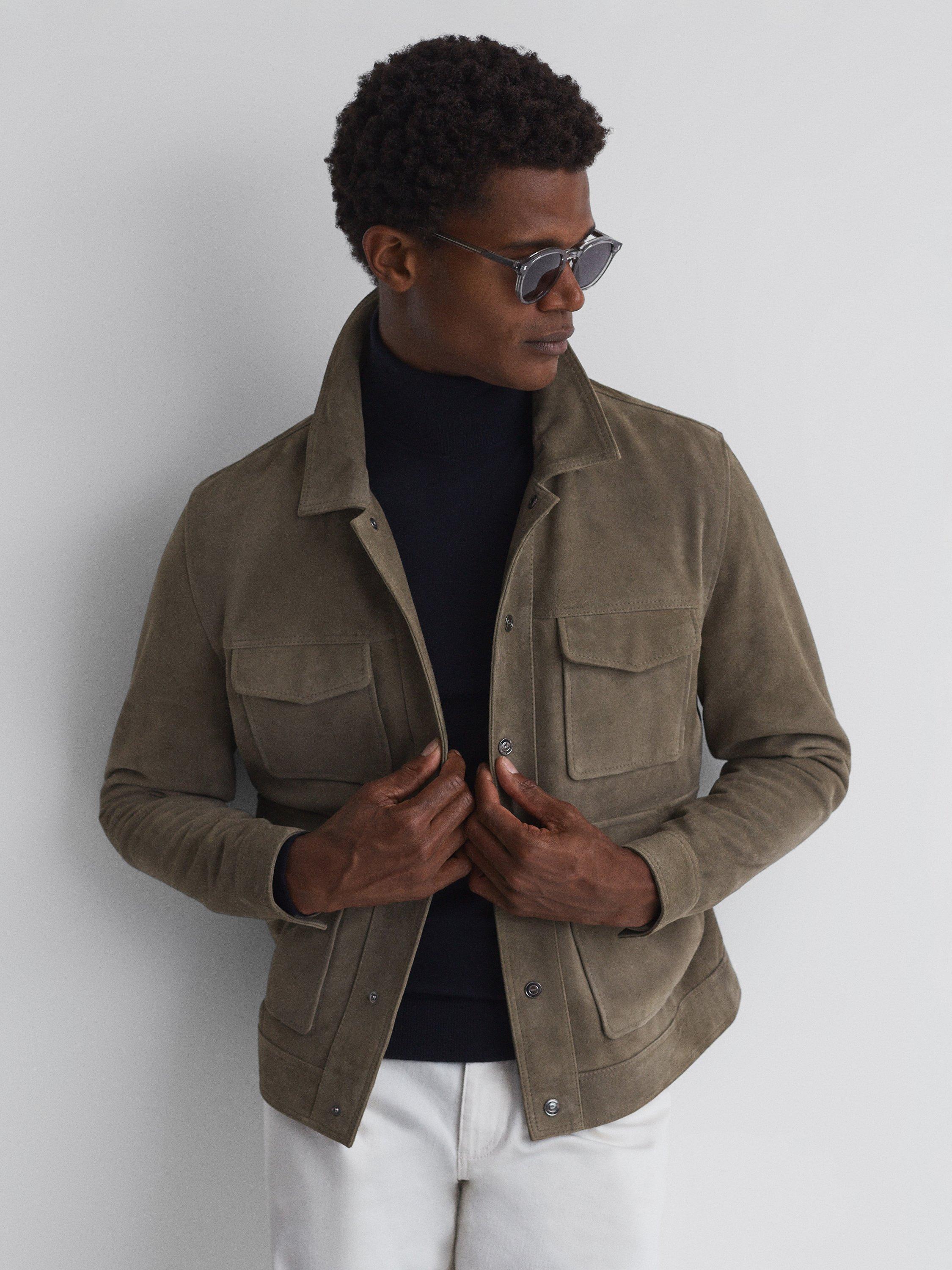 Reiss Ballina Goat Suede Jacket, Taupe, Sage