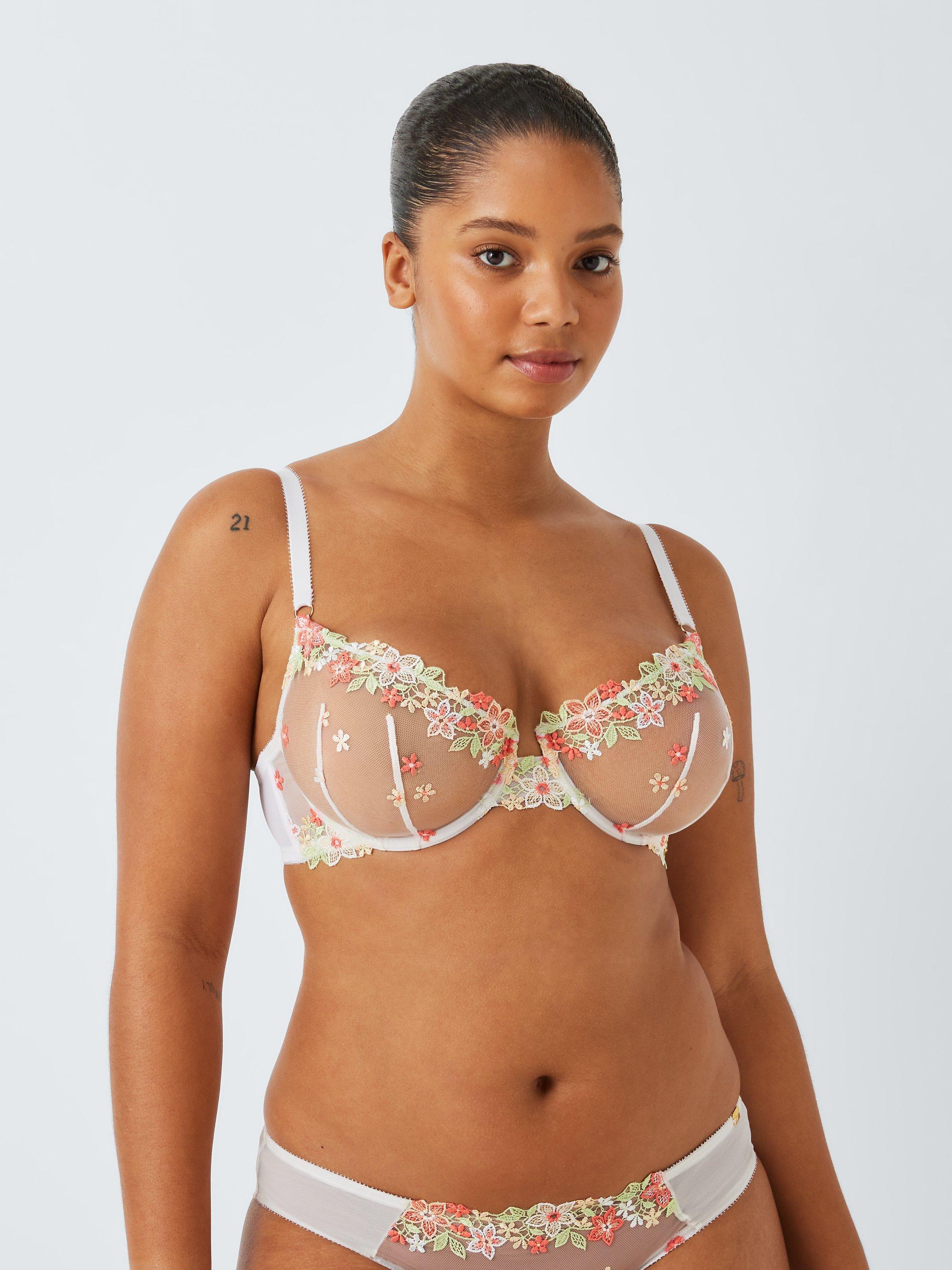 Product image 1 of 11, which shows AND/OR Kiki Floral Crochet Plunge Bra, White/Multi, 38DD