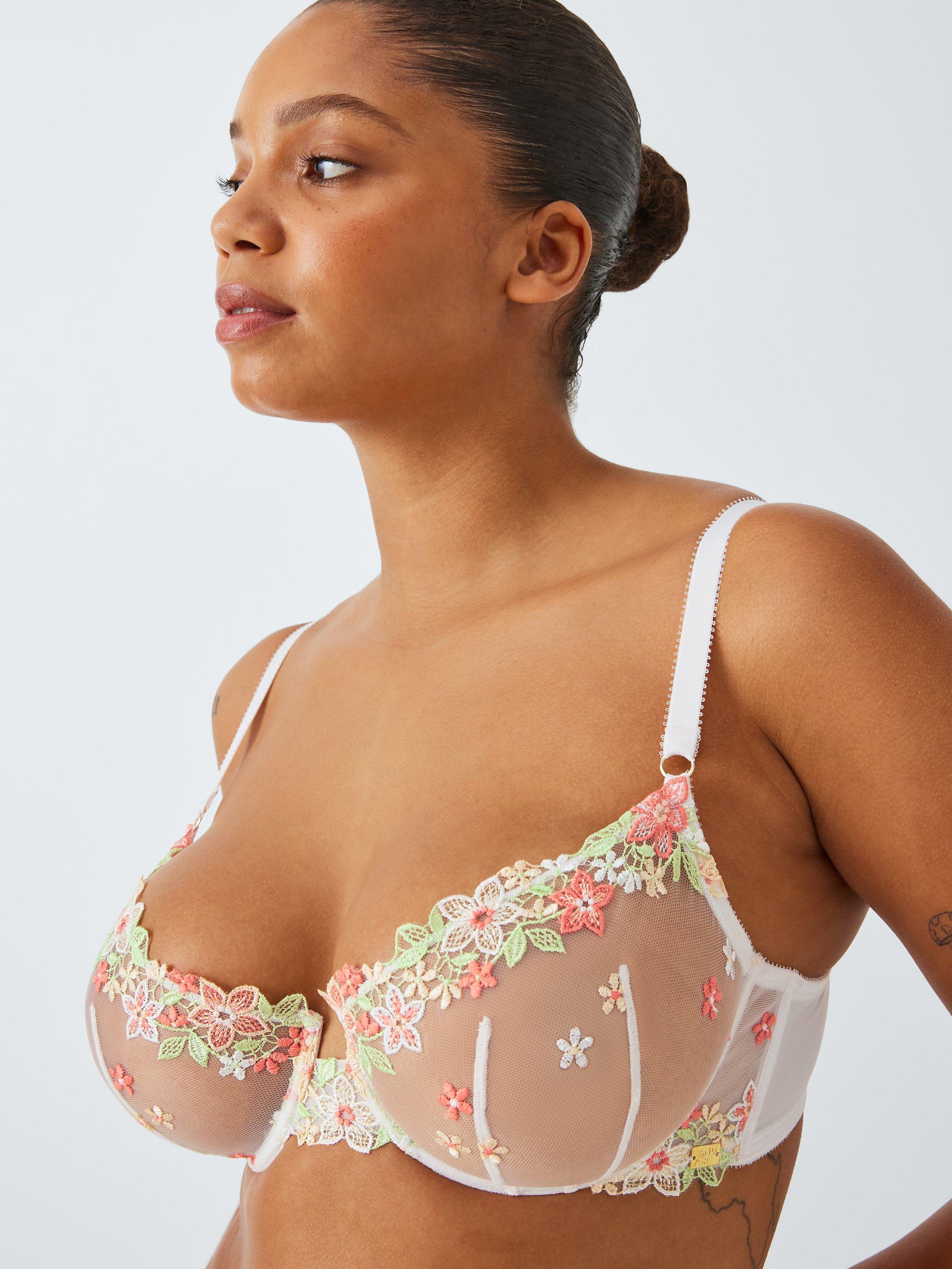 Product image 3 of 11, which shows AND/OR Kiki Floral Crochet Plunge Bra, White/Multi, 38DD