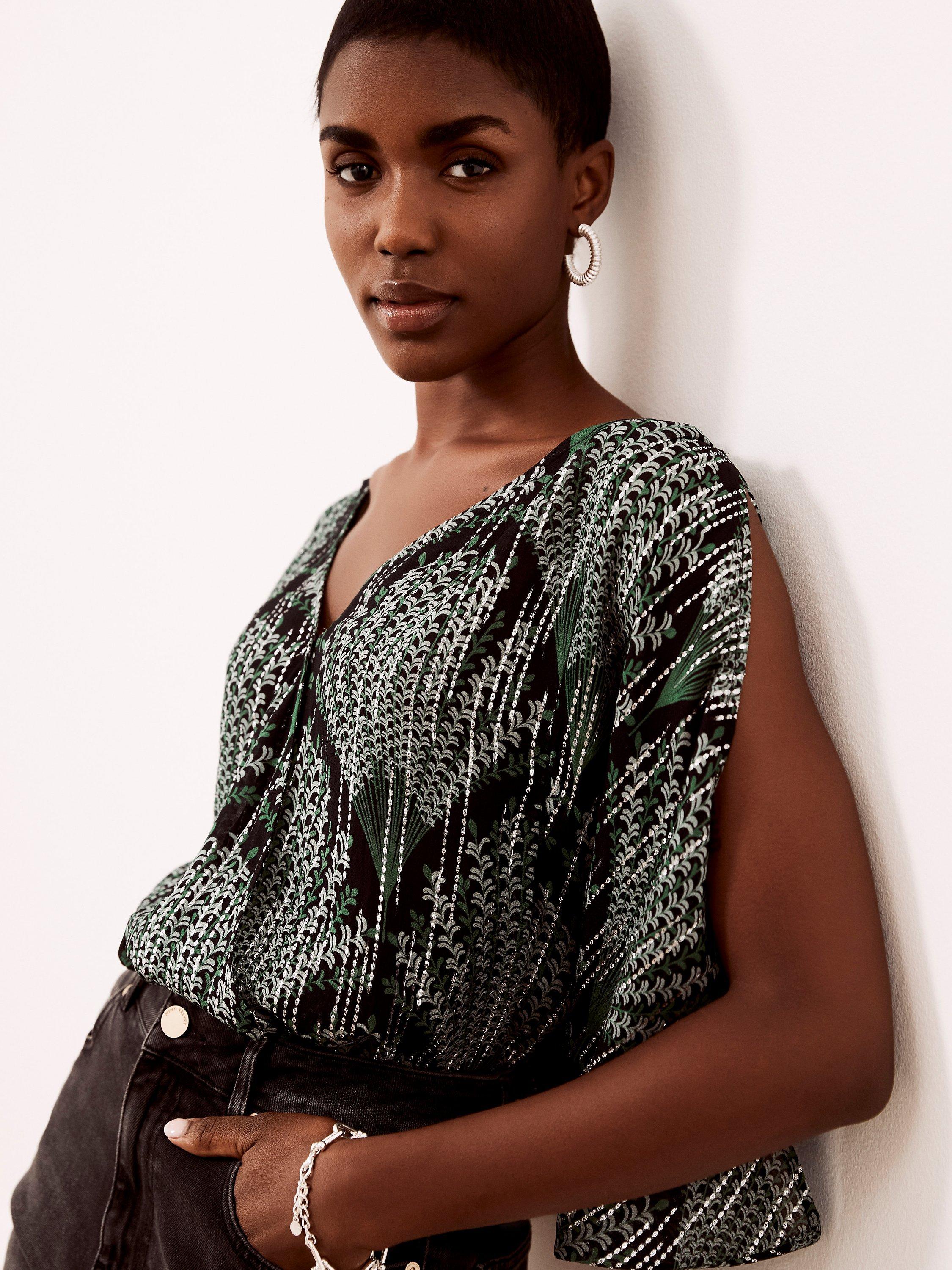 Mint Velvet Split Sleeve Abstract Print Top, Green/Multi