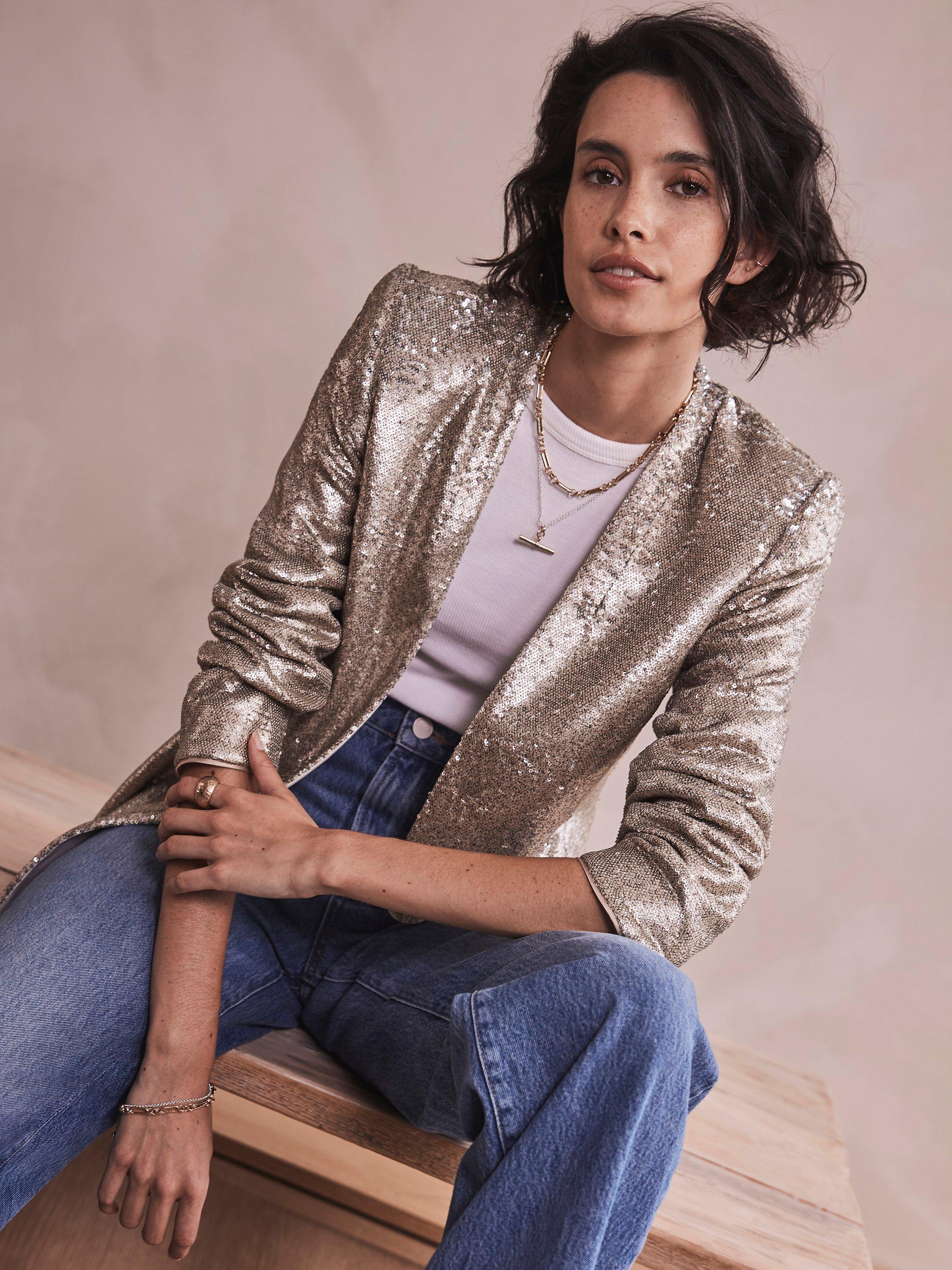 Mint Velvet Sequin Blazer, Gold