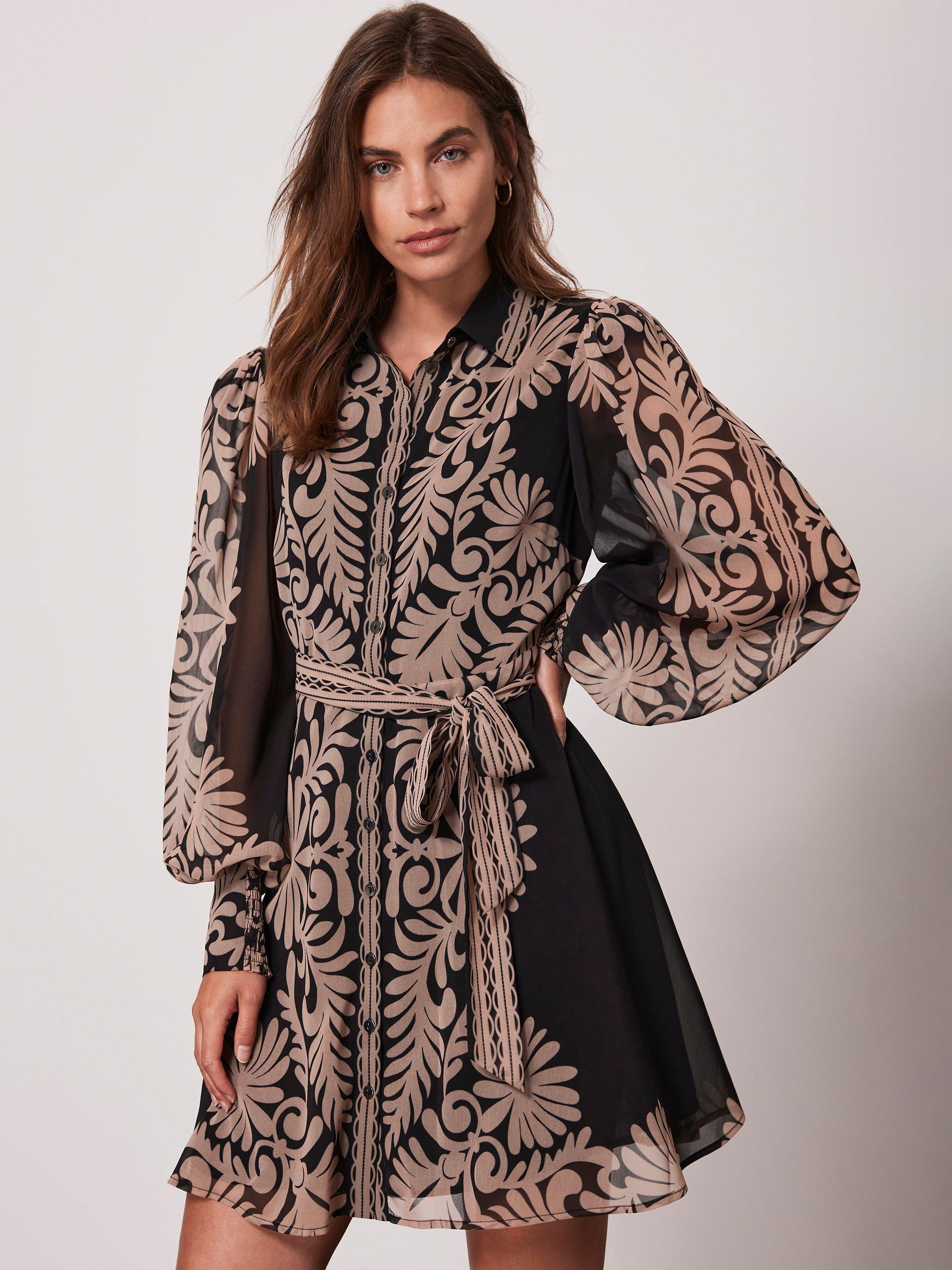 Mint Velvet Bold Placement Print Mini Shirt Dress, Black/Beige