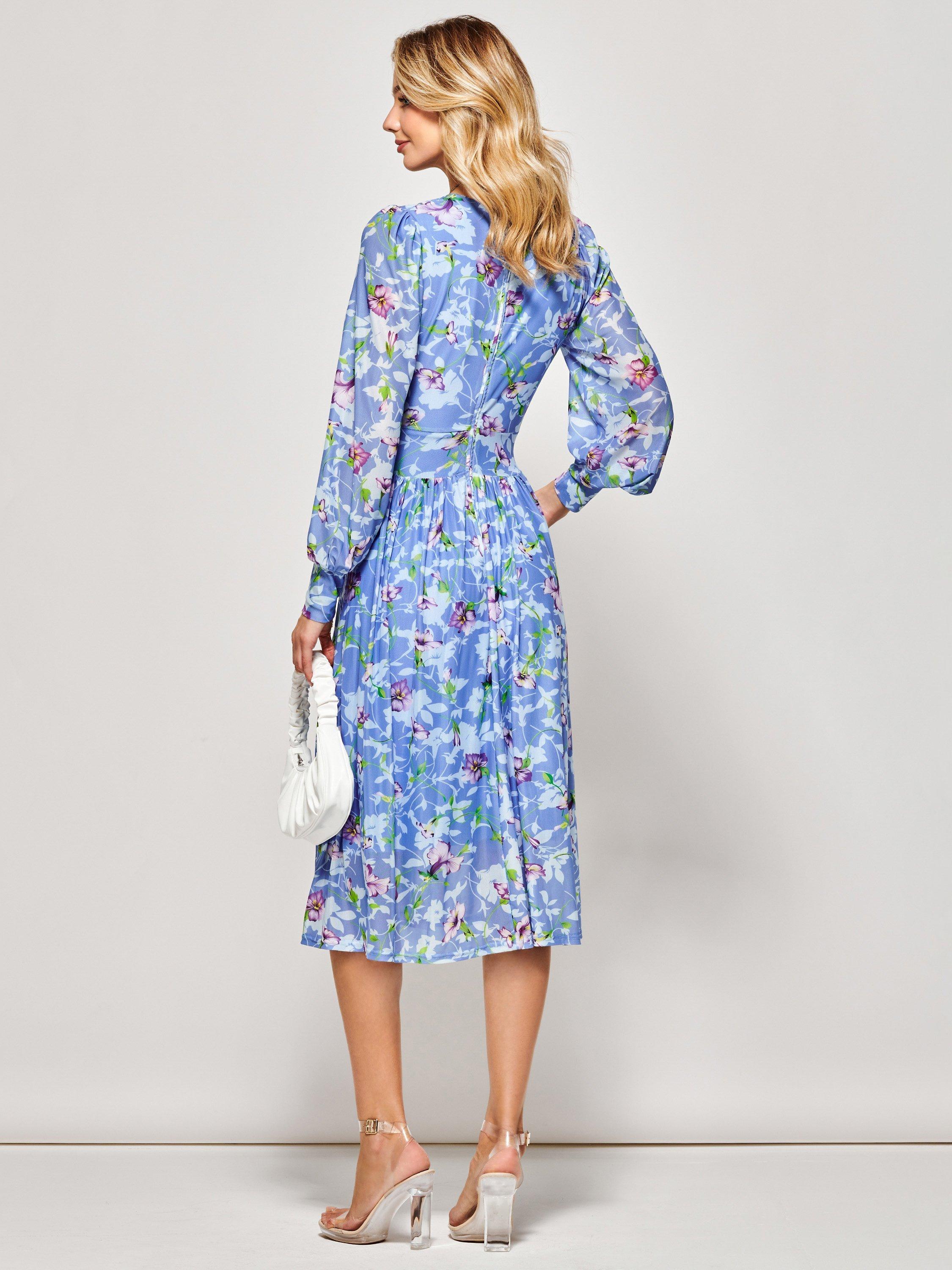 Jolie Moi Floral Long Sleeve Mesh Midi Dress, Blue, 8