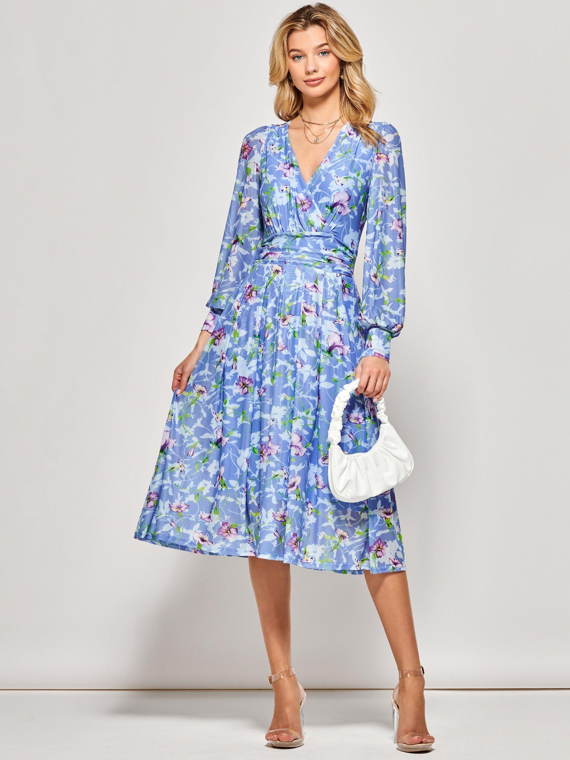 Jolie Moi Floral Long Sleeve Mesh Midi Dress, Blue, 8