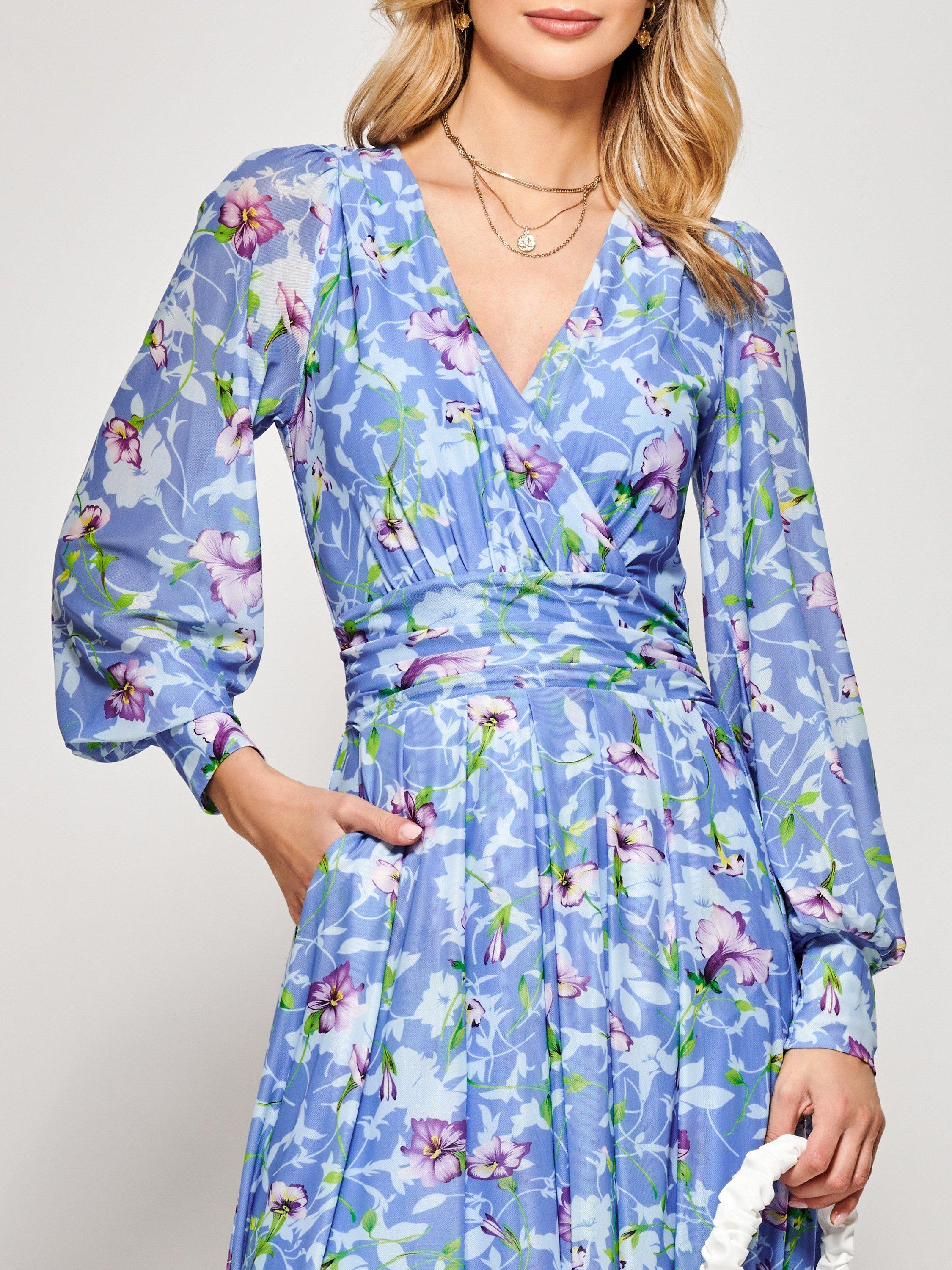 Jolie Moi Floral Long Sleeve Mesh Midi Dress, Blue, 8