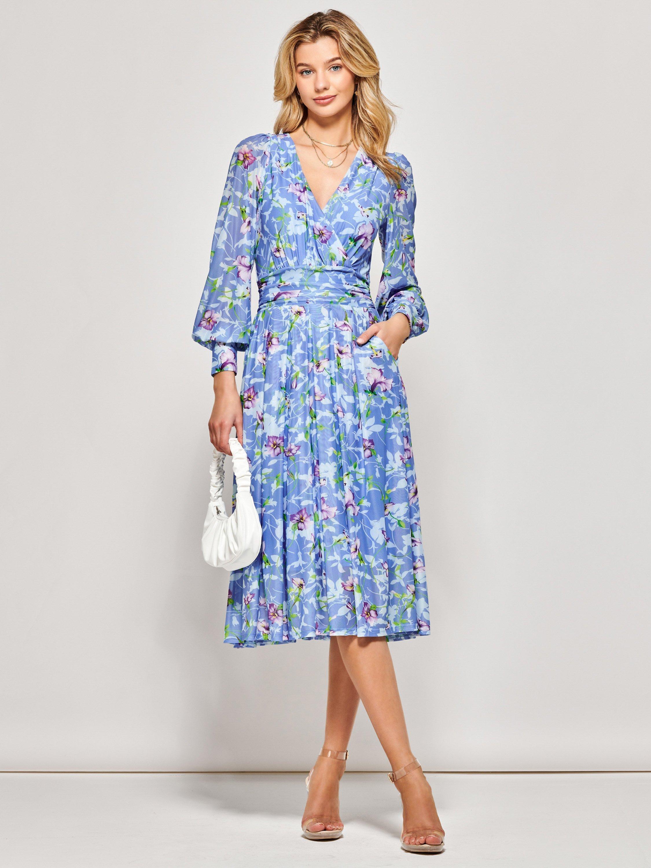 Jolie Moi Floral Long Sleeve Mesh Midi Dress, Blue, 8