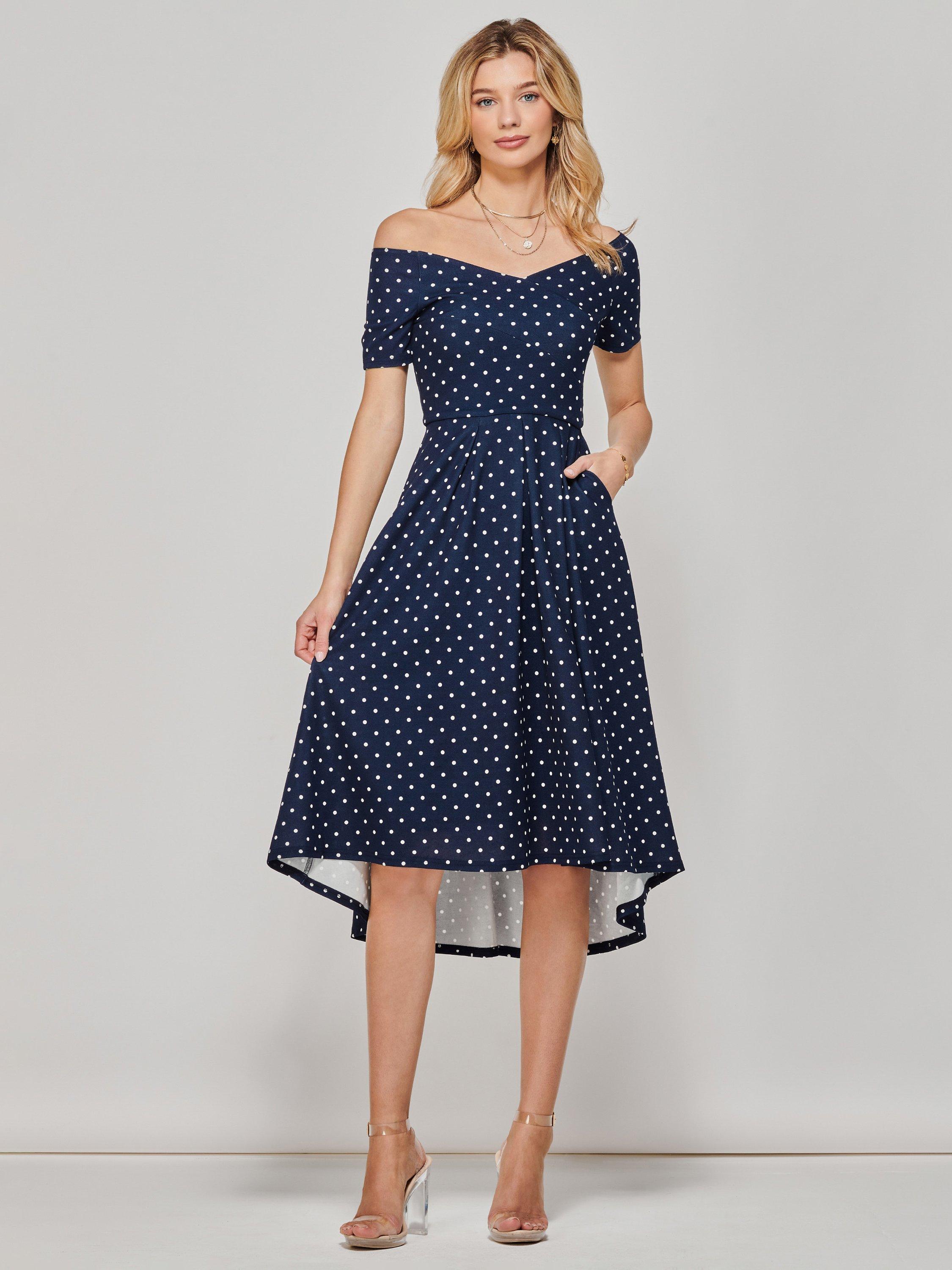 Jolie Moi Polka Dot Pleated Ponte Midi Dress Navy