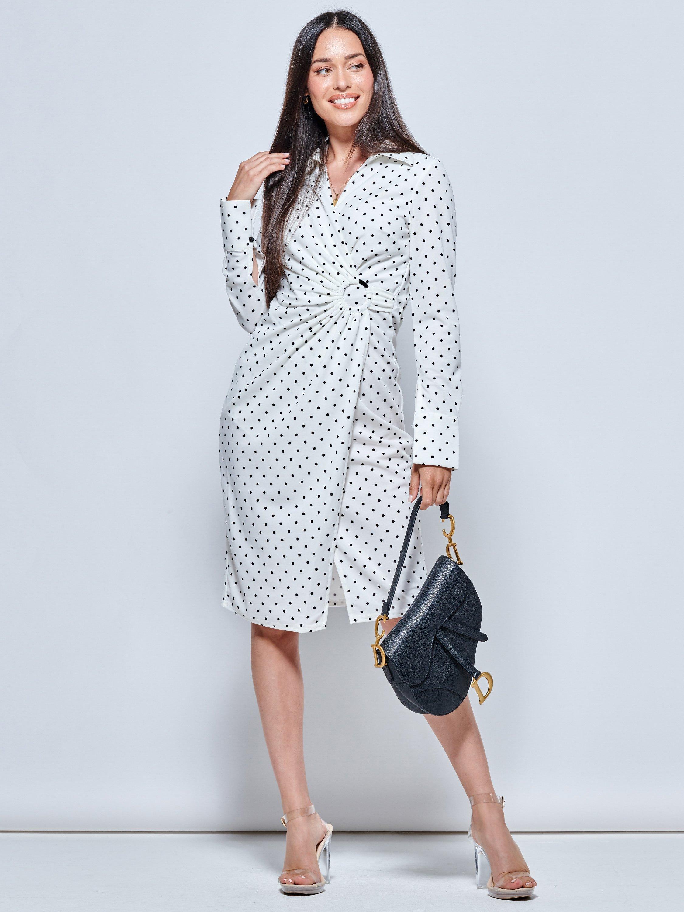 Jolie Moi Polka Dot Wrap Front Buckle Detail Dress, White