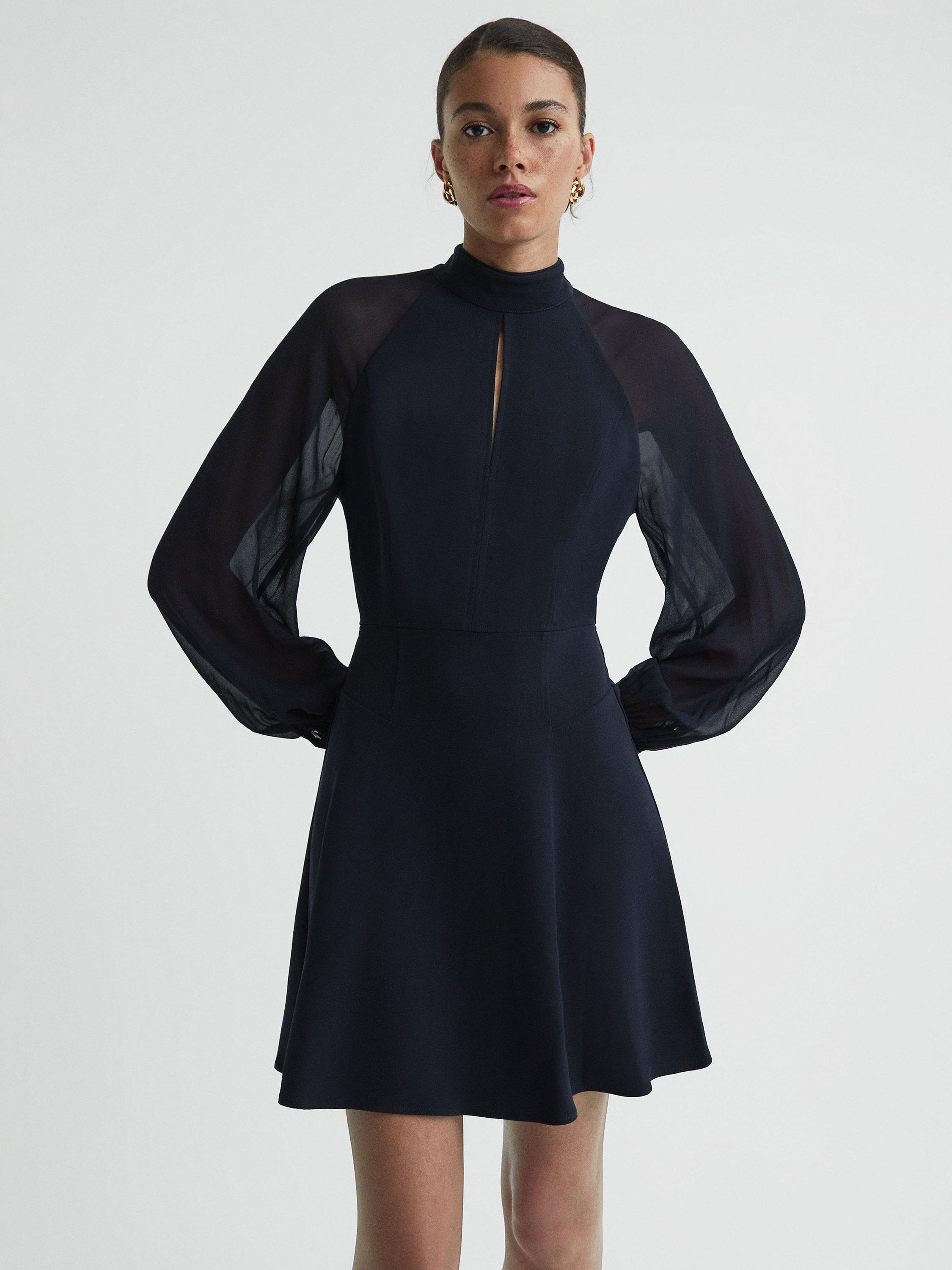 Reiss Perry Sheer Sleeve Flippy Mini Dress, Navy