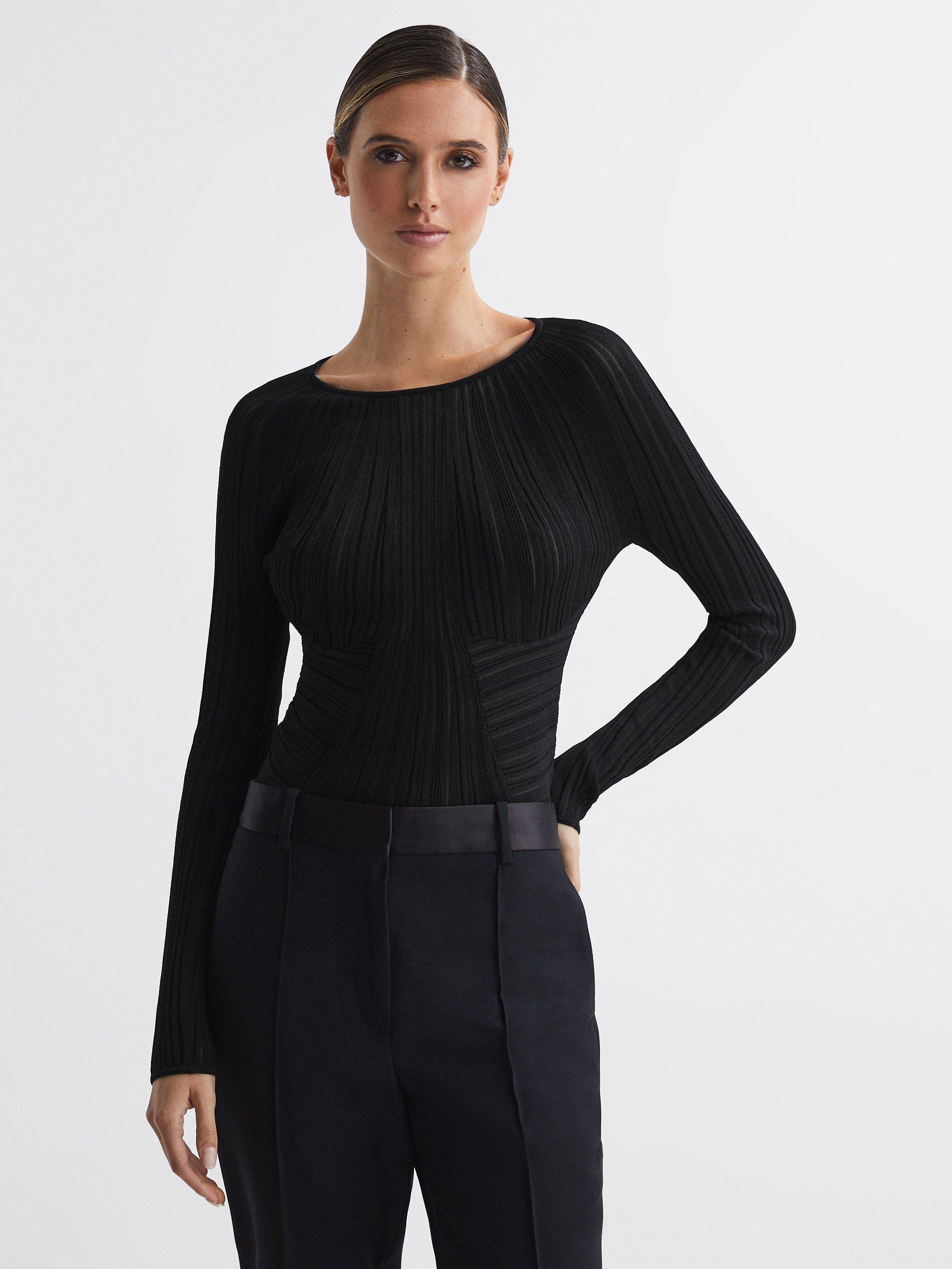 Reiss Lenni Sheer Mix Knitted Top, Black