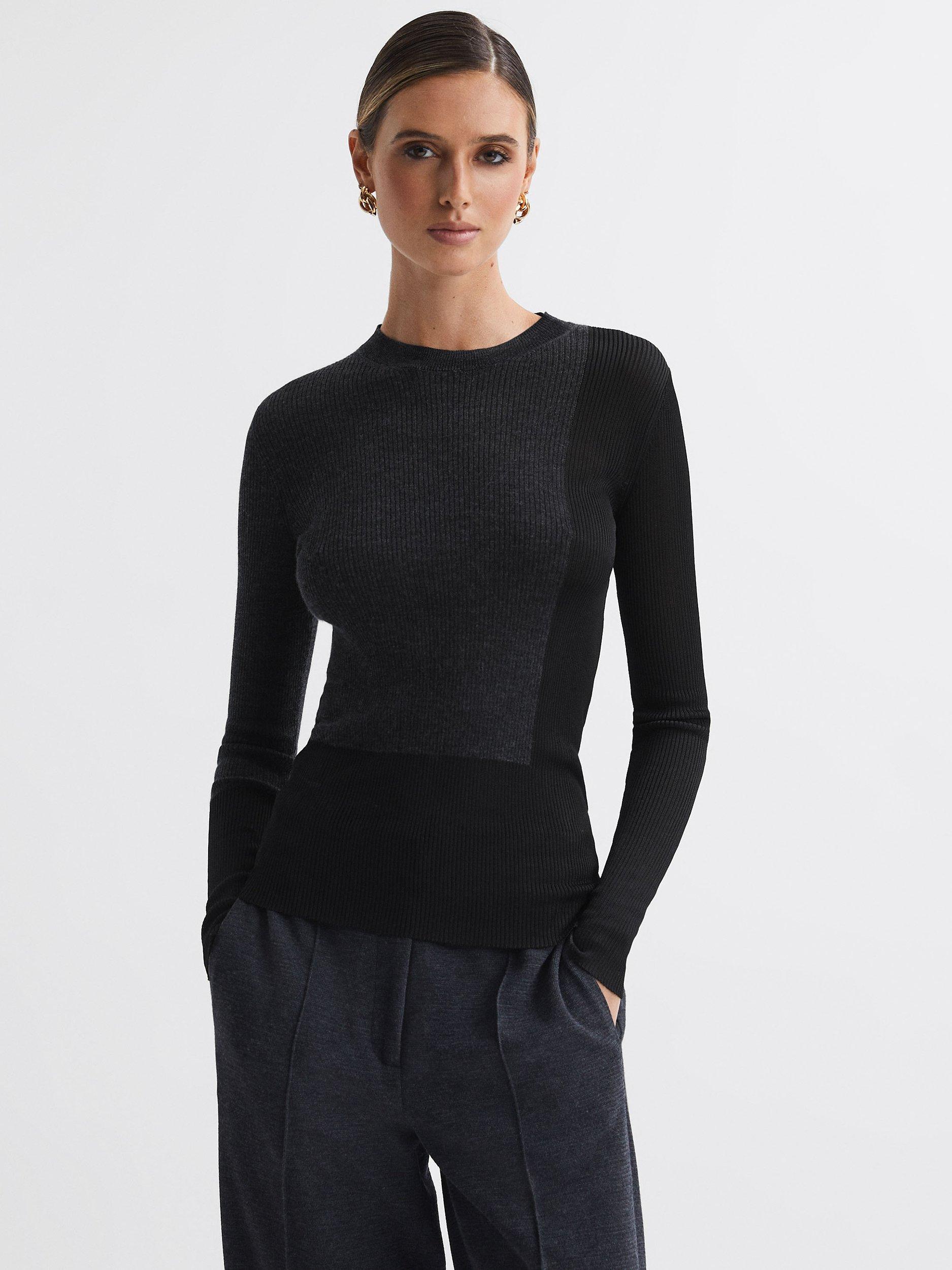 Reiss Jude Wool/Silk Blend Rib Knit Colourblock Top, Black/Charcoal