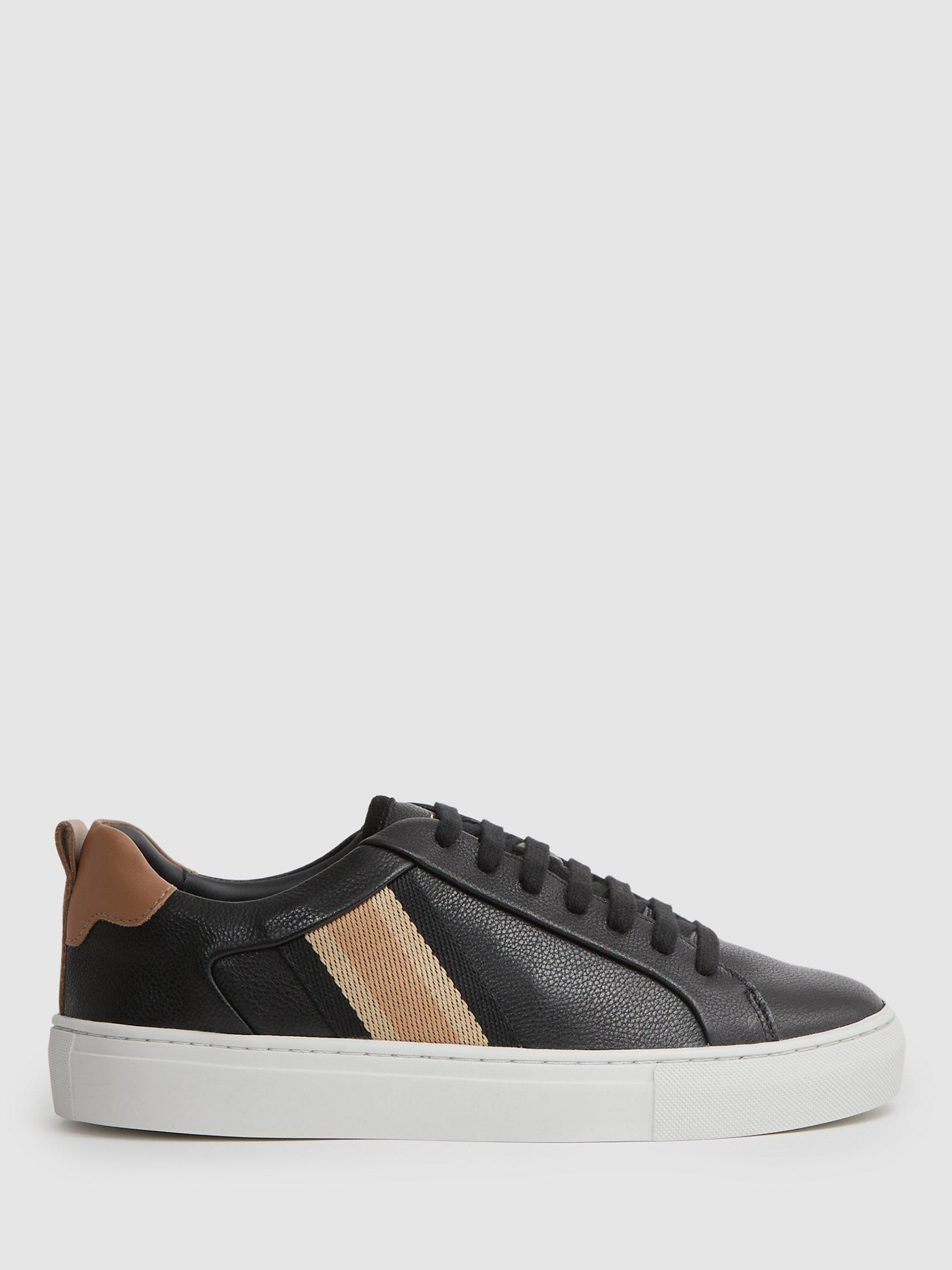 Reiss Sonia Leather Side Stripe Trainers, Black
