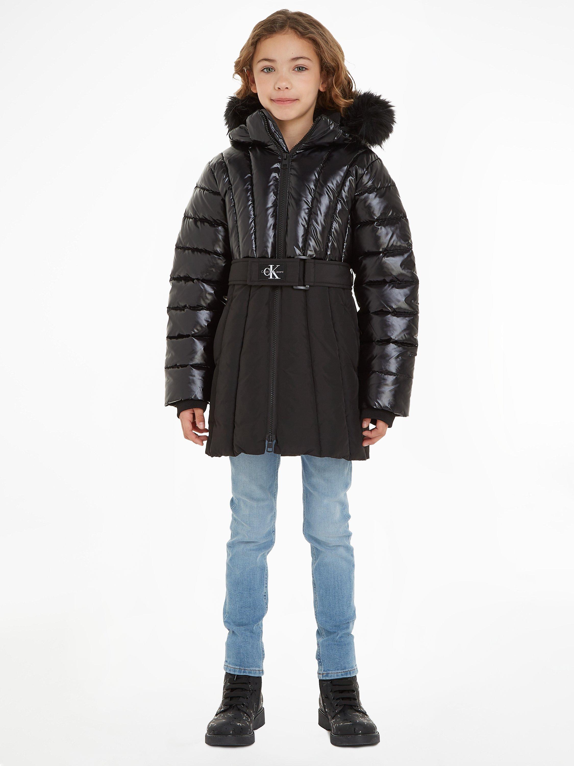 Calvin Klein Kids' CKJ Belted Faux Fur Trim Puffer Coat, Ck Black
