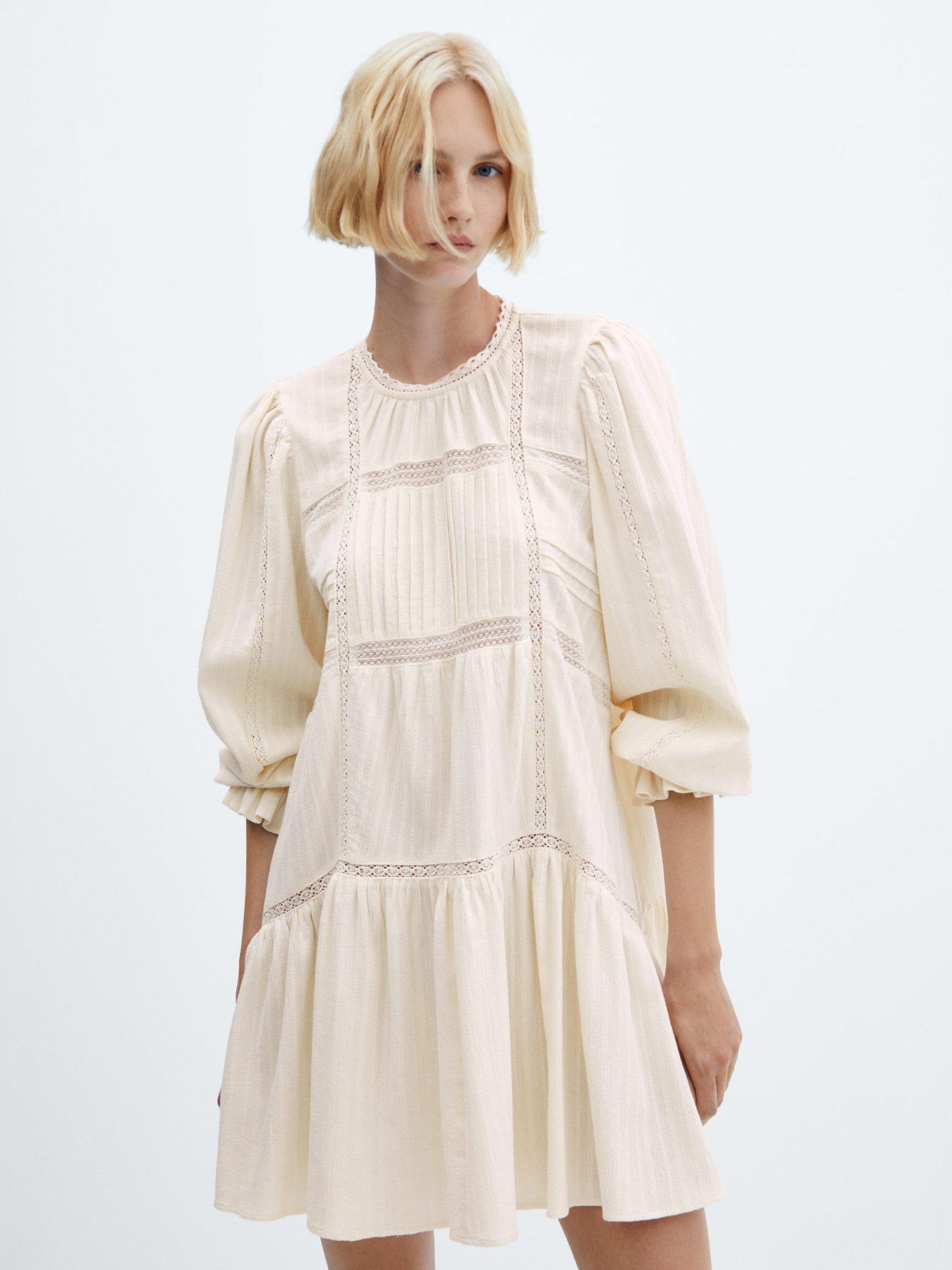 Mango Catalina Puff Sleeve Embroidered Mini Dress, Light Beige