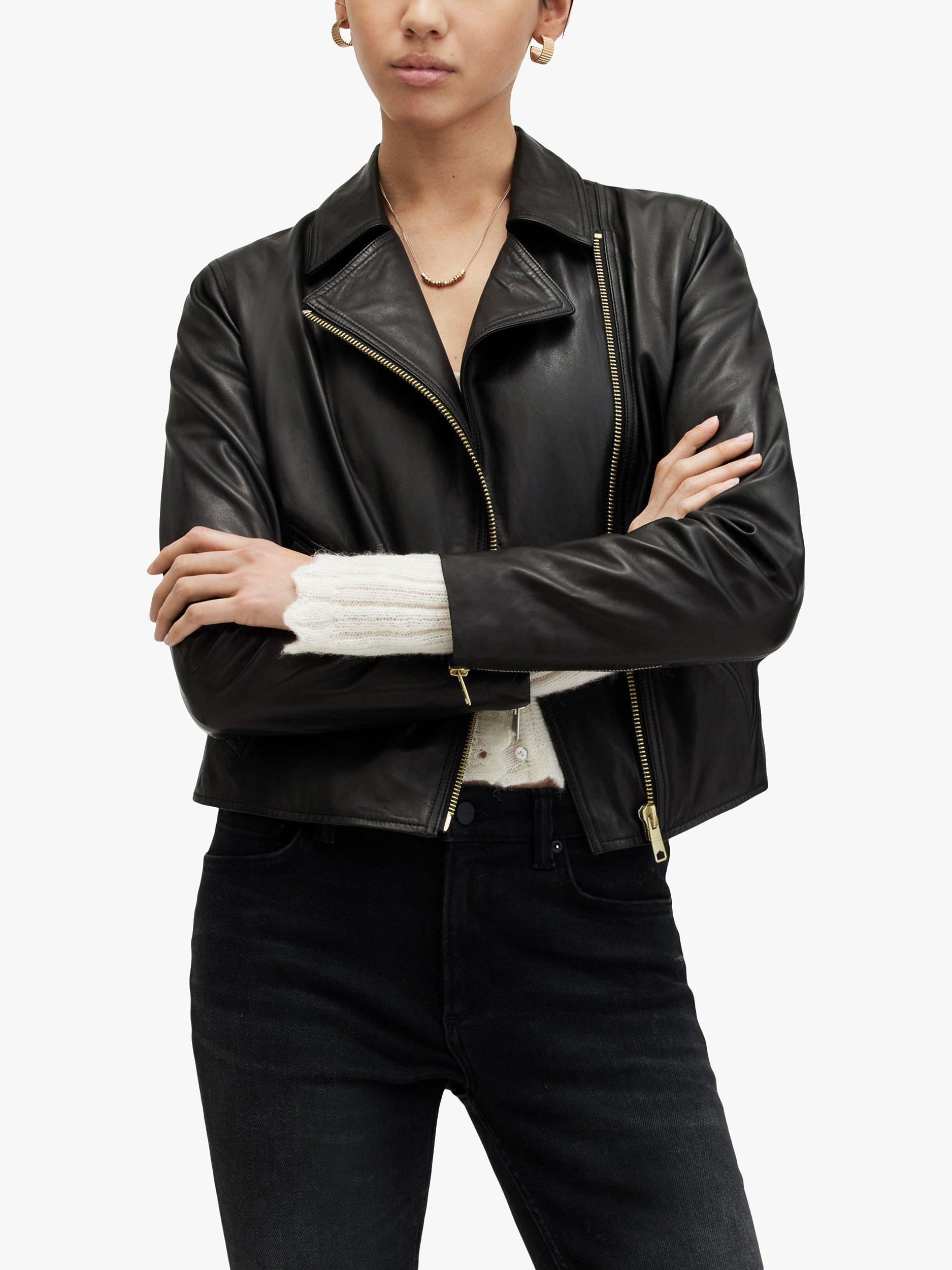 Product image 6 of 9, which shows AllSaints Vela Leather Biker Jacket, Black, 4
