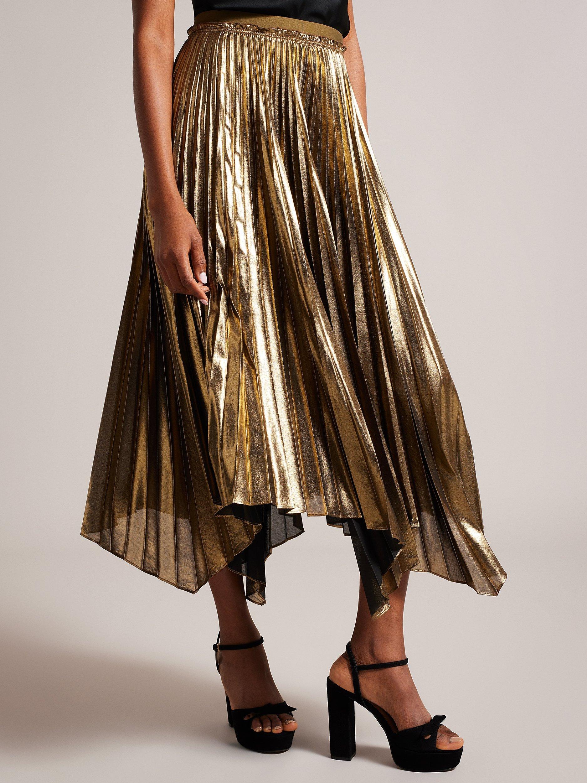 Ted Baker Nattiee Metallic Pleated Asymmetric Hem Skirt, Gold
