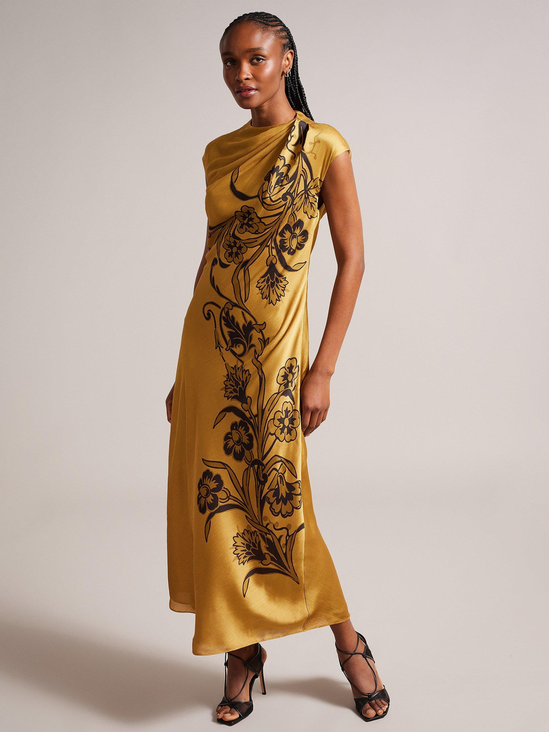 Ted Baker Valiree Draped Neck Midi Dress, Gold