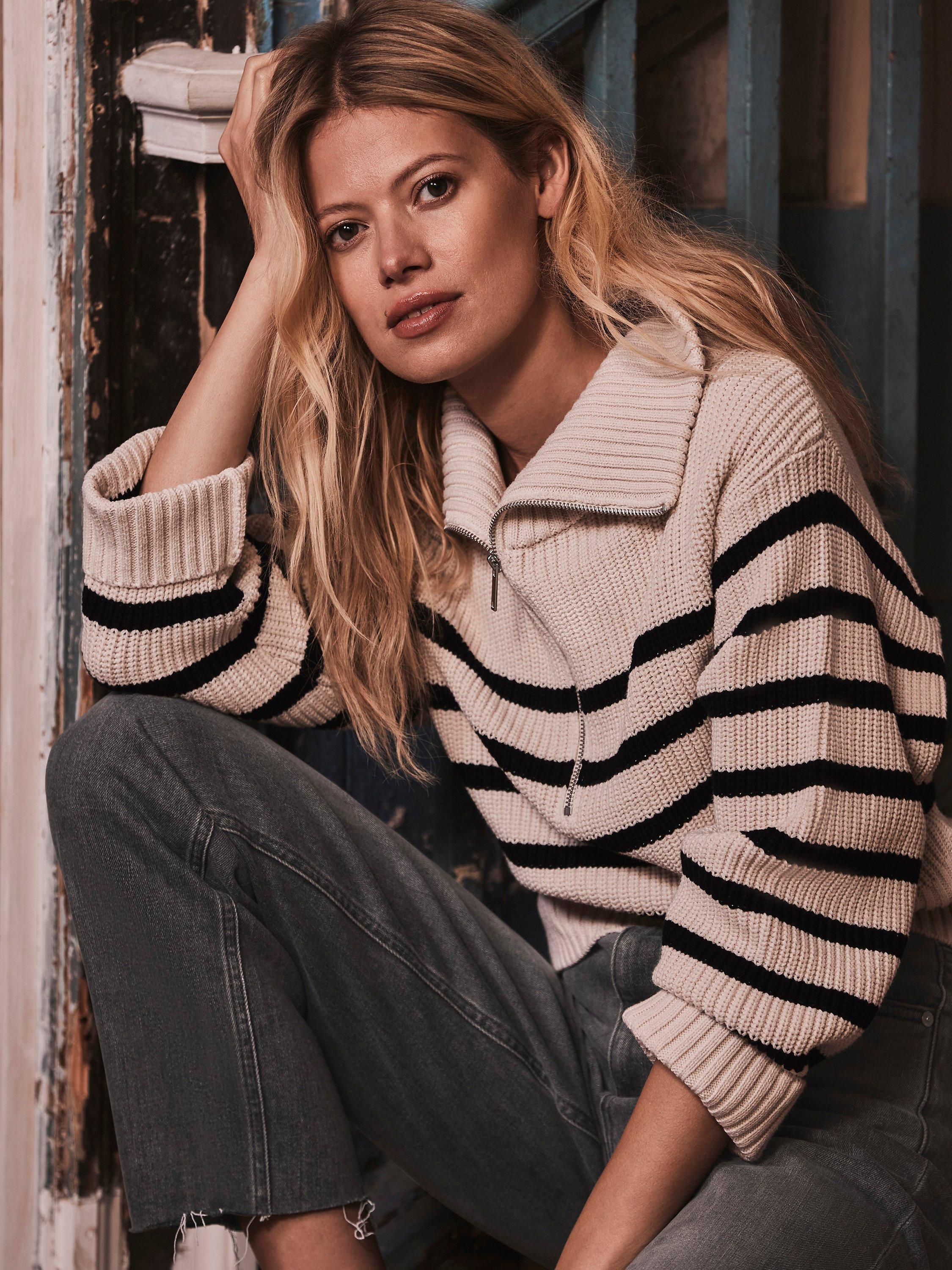 Mint Velvet Zip Neck Striped Jumper, Natural/Black