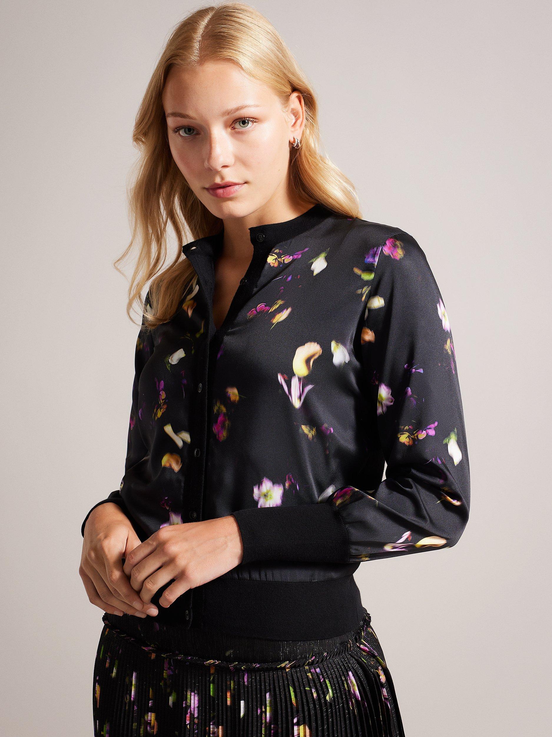 Ted Baker Janta Bi-Material Abstract Floral Cardigan, Black/Multi