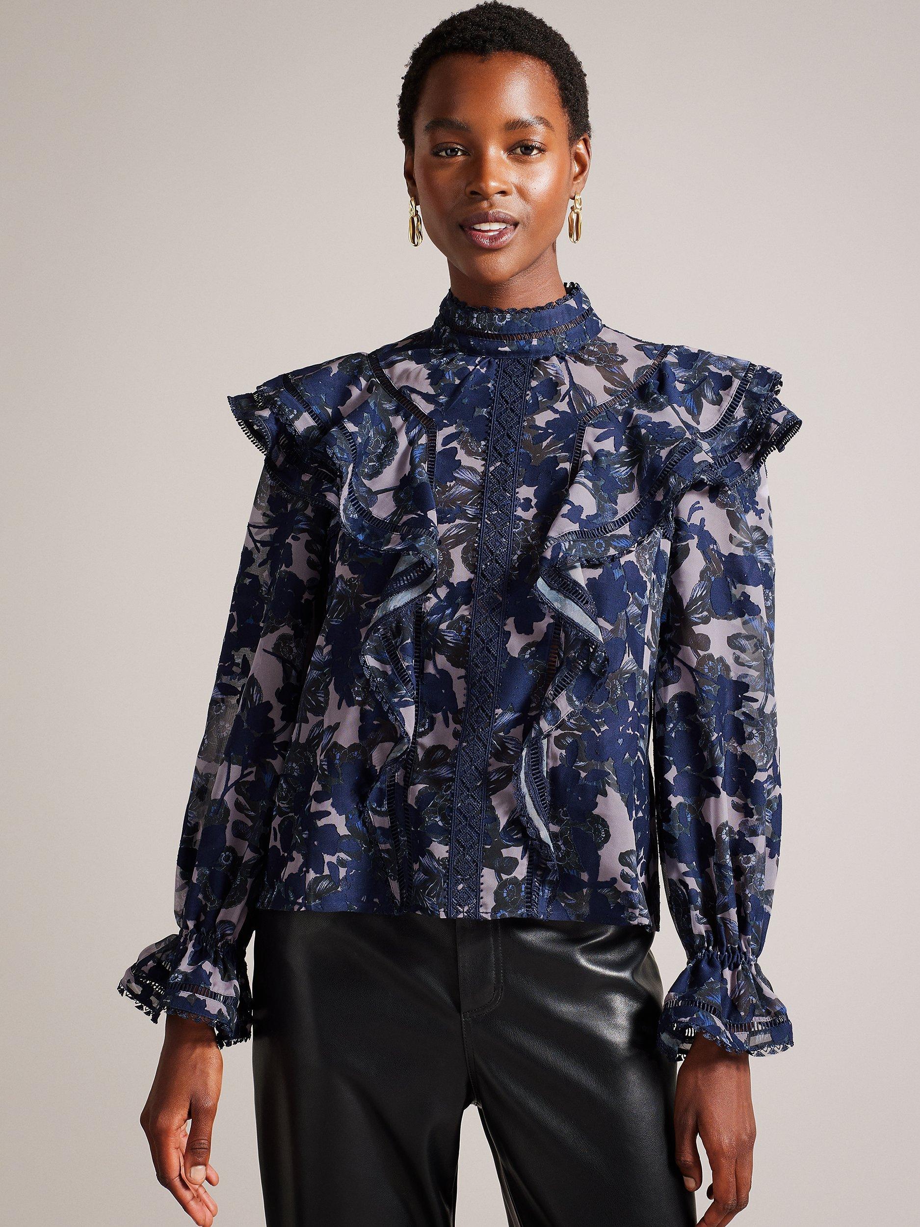 Ted Baker Kiraaa Floral Print Lace Detail High Neck Blouse, Mid Blue