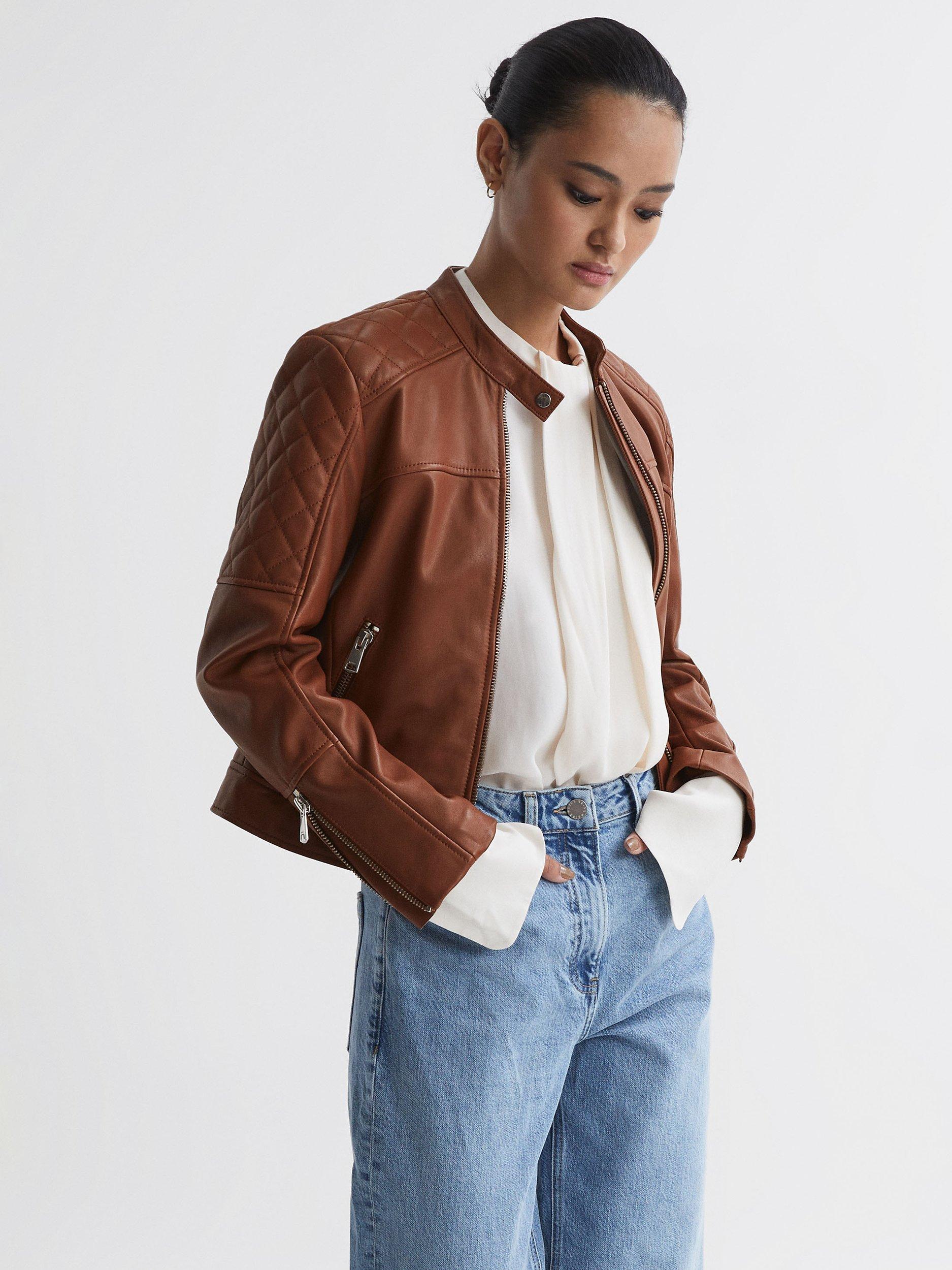 Reiss Adelaide Collarless Quilted Leather Jacket, Tan