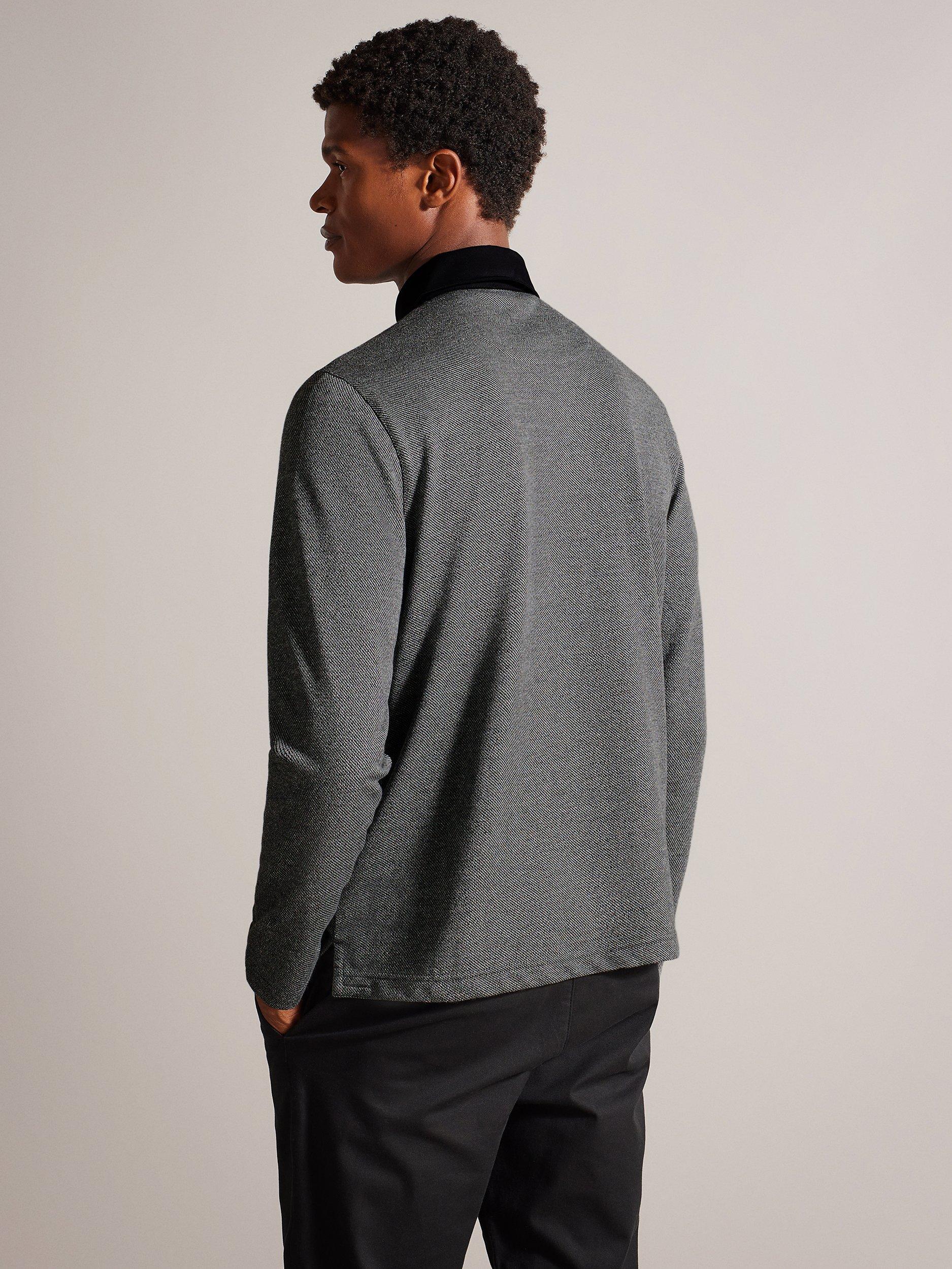 Ted Baker Razen Long Sleeve Woven Collar Textured Polo Shirt, Grey
