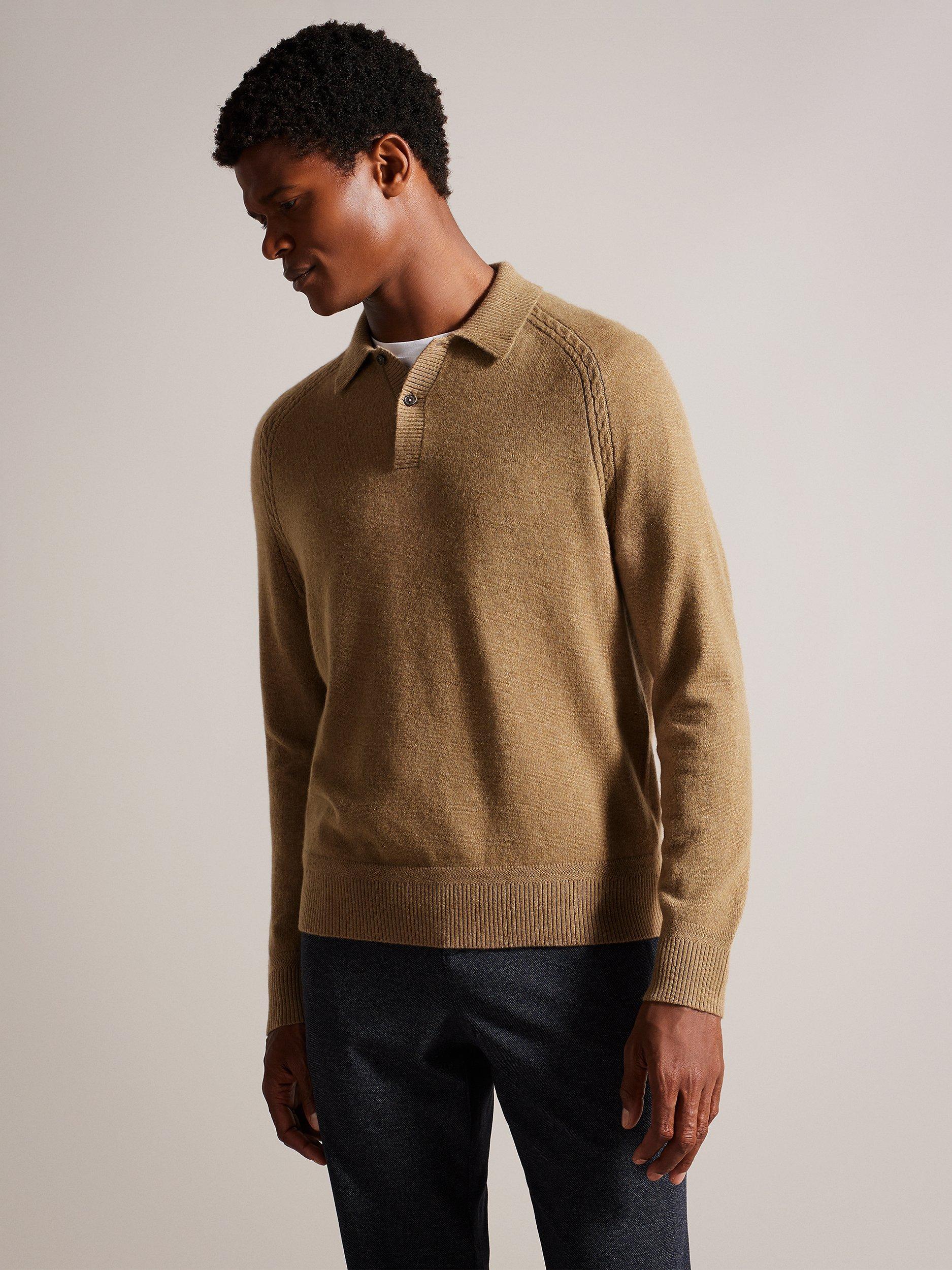 Ted Baker Karolt Cashmere Cable Textured Long Sleeve Polo Top, Brown Tan