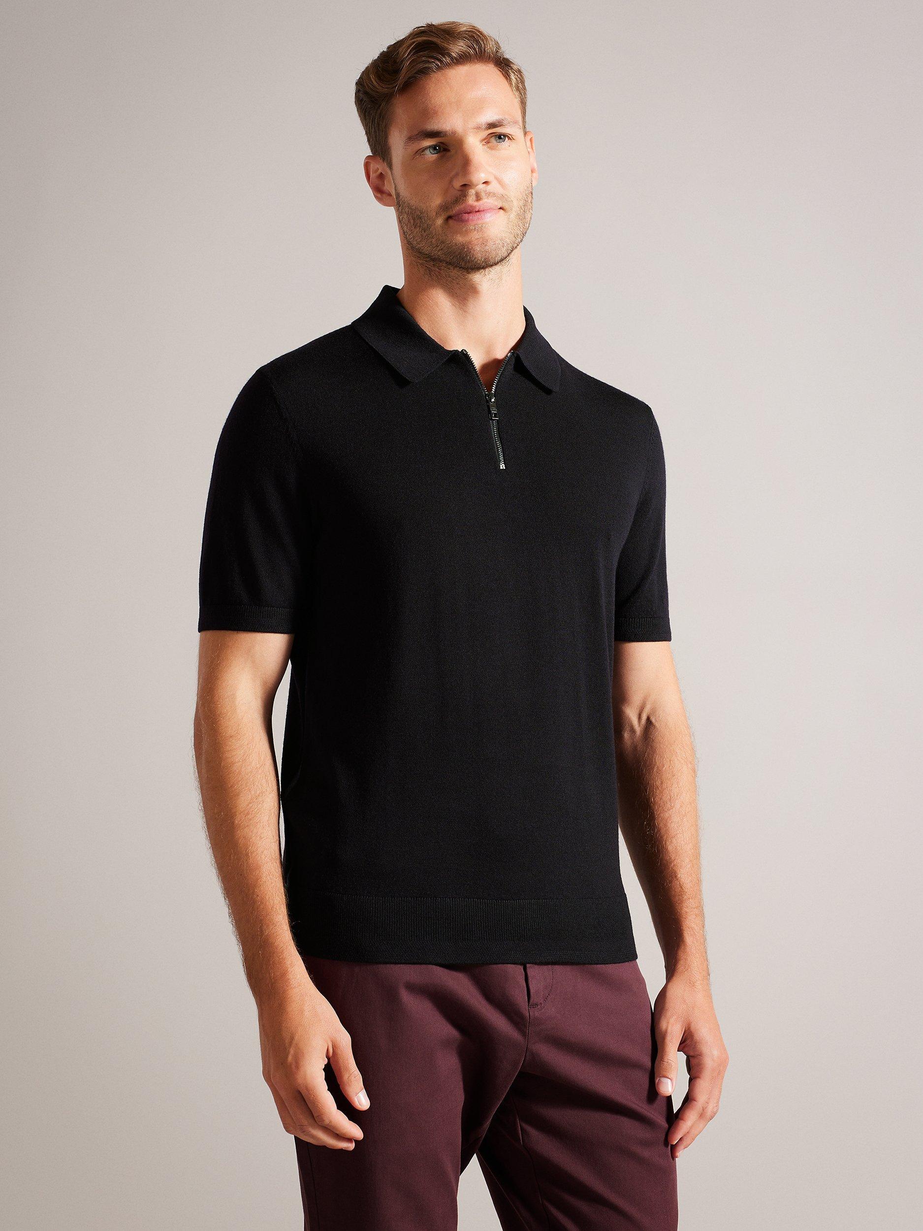 Ted Baker Tohall Merino Zip Short Sleeve Polo Top, Navy