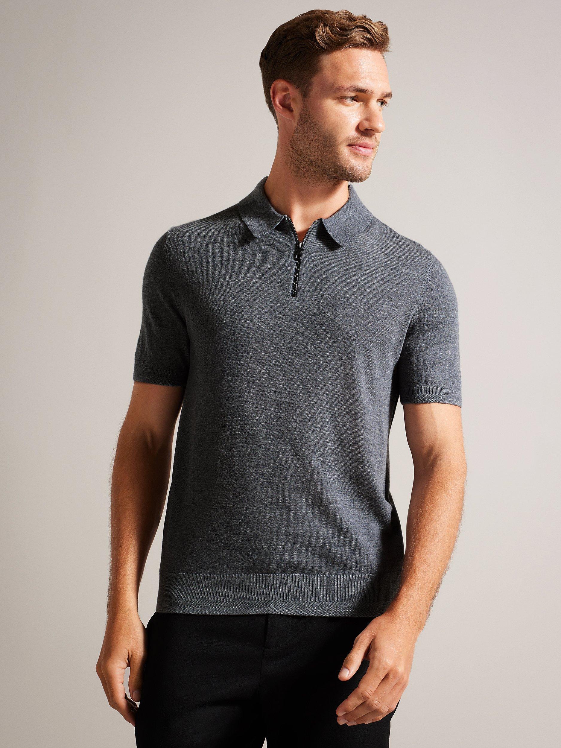 Ted Baker Tohall Merino Zip Short Sleeve Polo Top, Charcoal