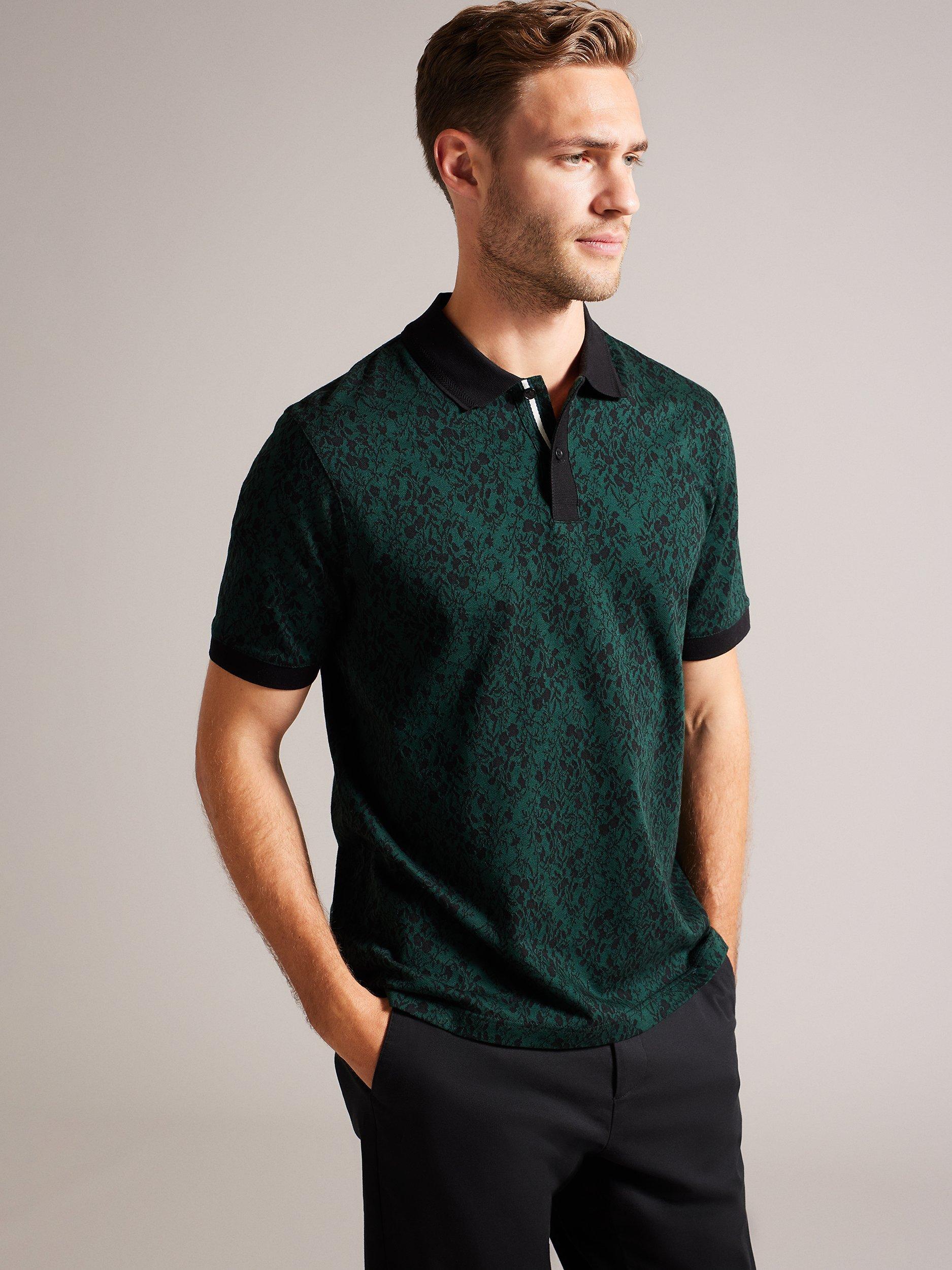 Ted Baker Ealis Jacquard Print Cotton Polo Shirt, Green/Black