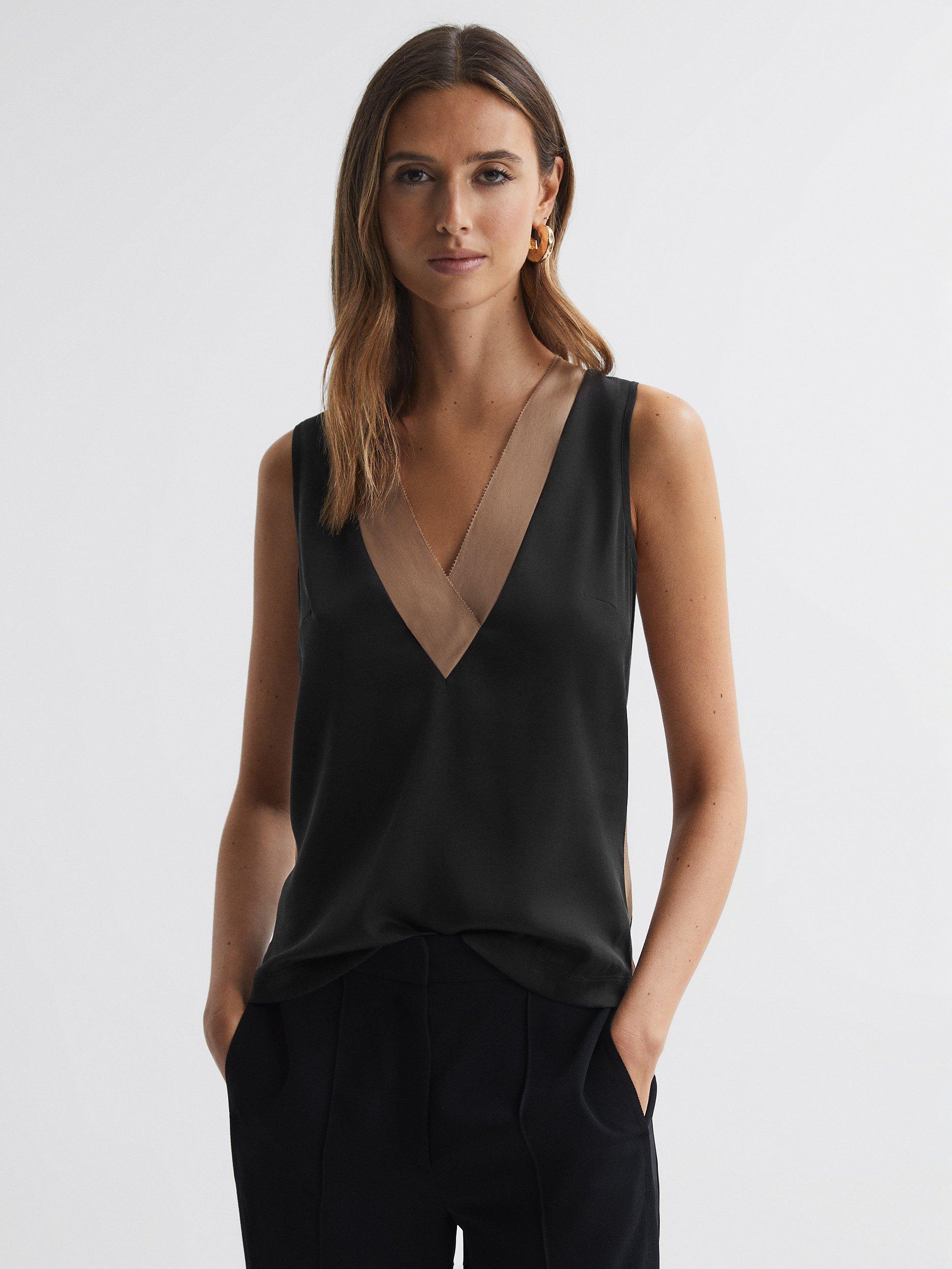 Reiss Pippa Silk Blend V-Neck Top, Nude/Black