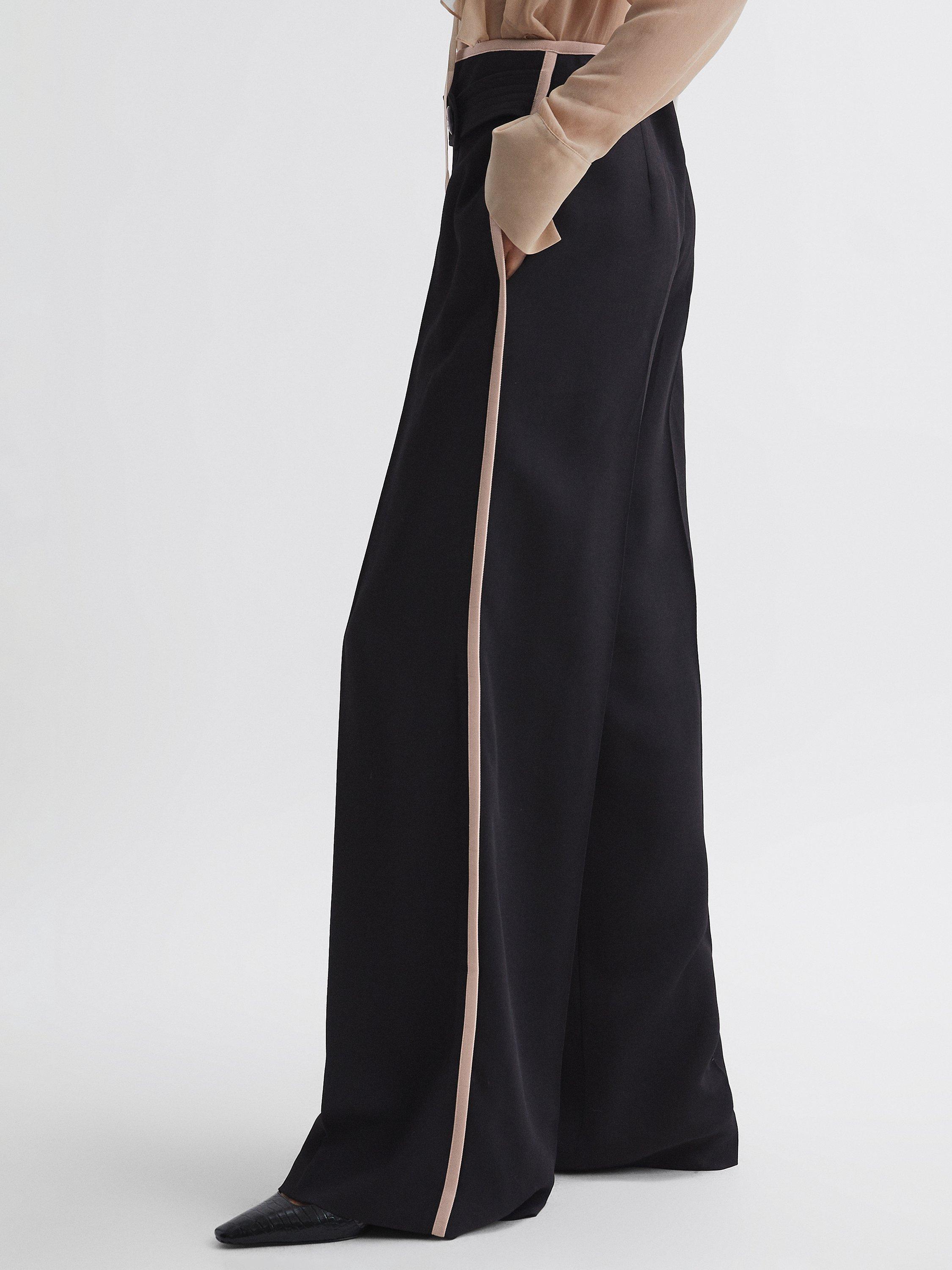Reiss Lina Petite Stripe Detail Wide Leg Trousers, Black/Pink