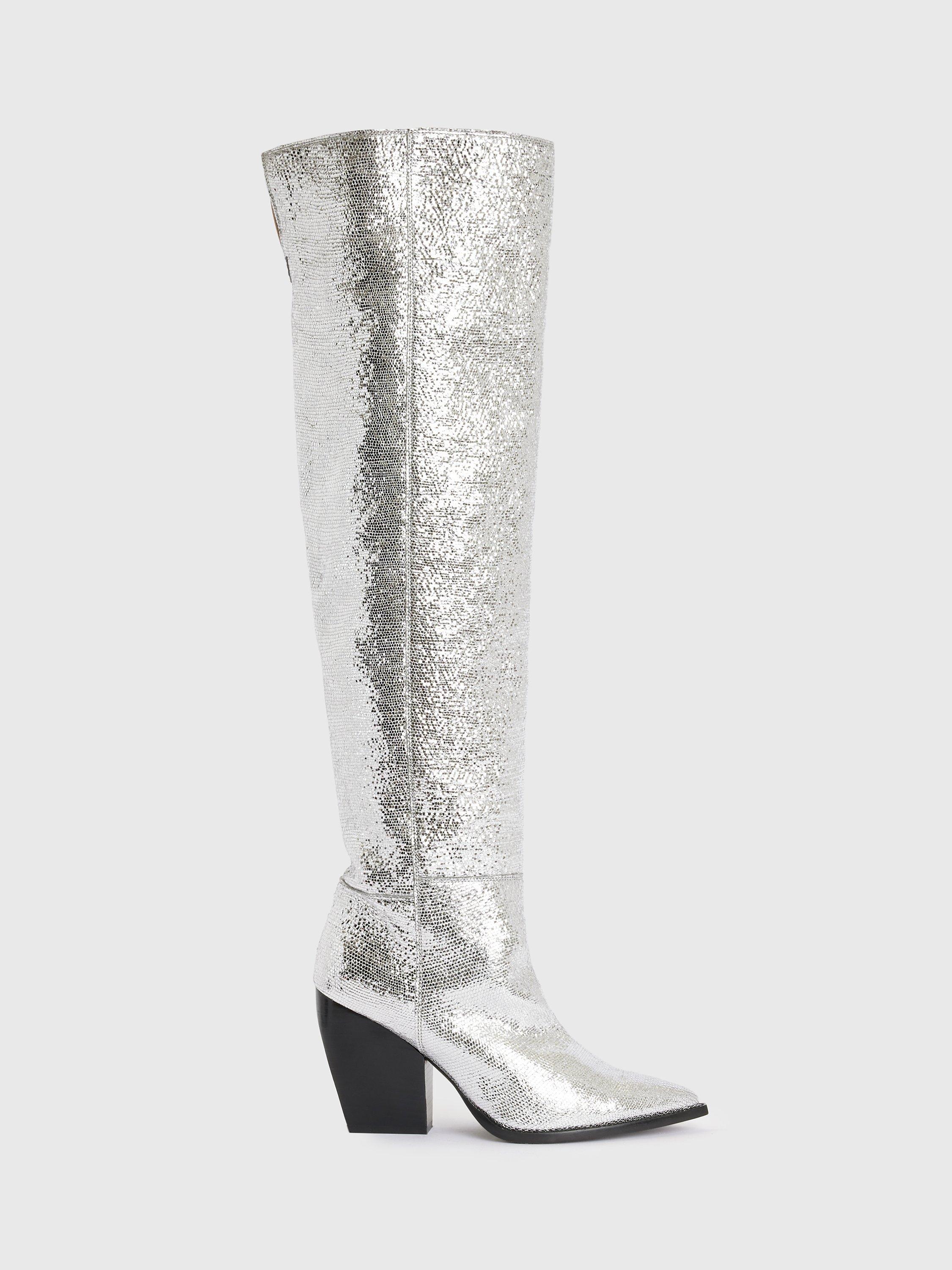 AllSaints Reina Leather Pointed Toe Long Boots, Silver
