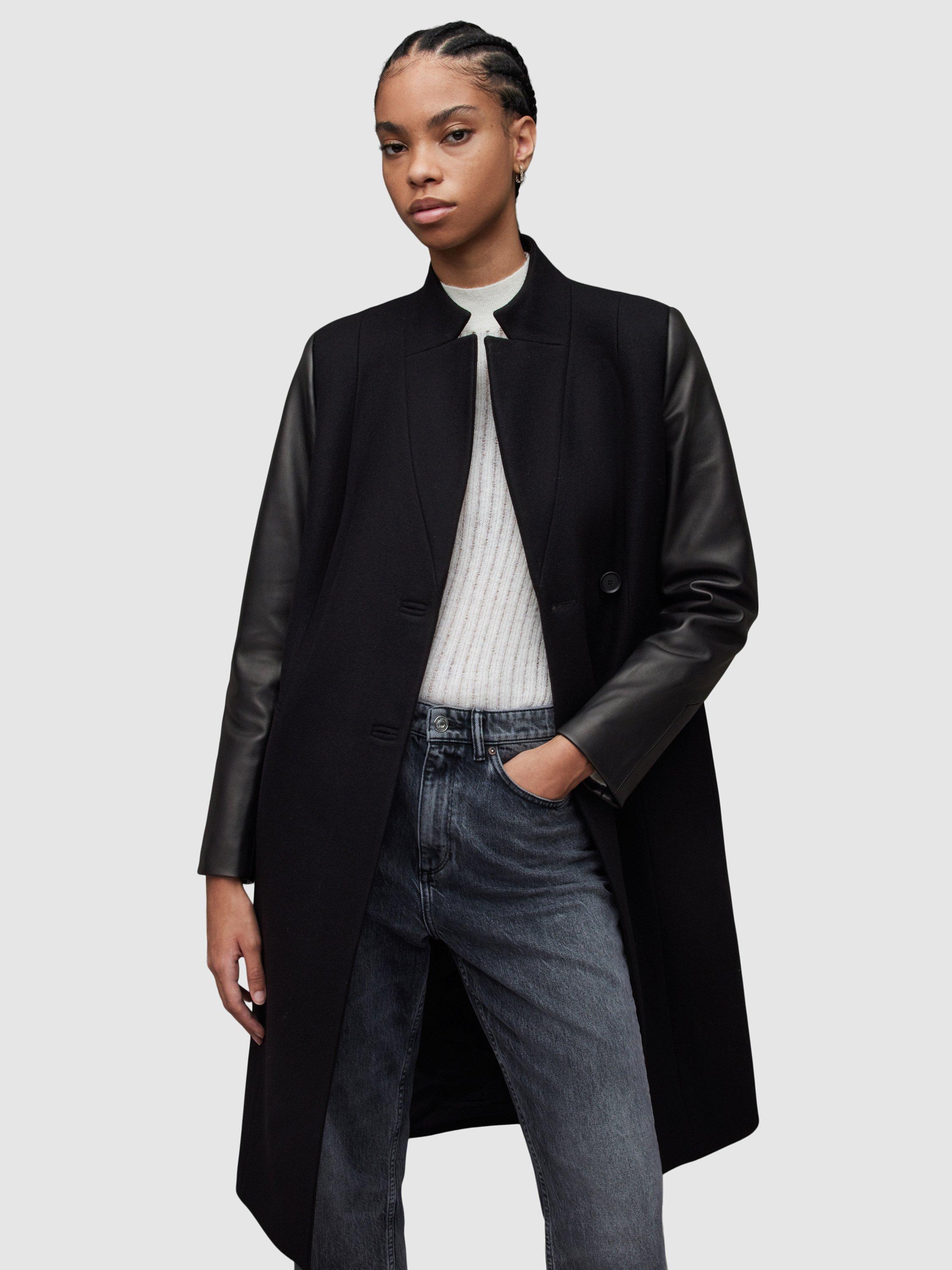 Product image 1 of 11, which shows AllSaints Sidney Leather and Wool Coat, Black, 8