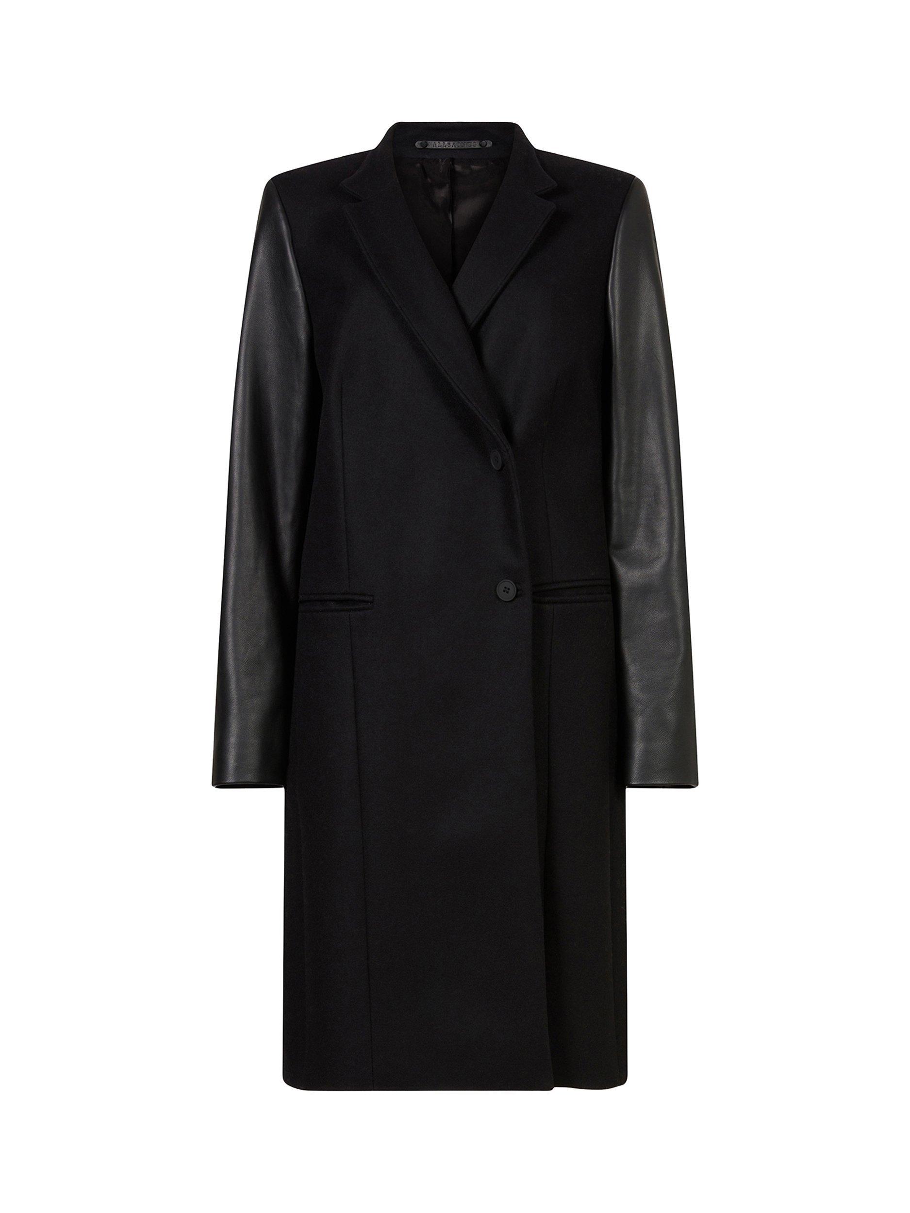 Product image 4 of 11, which shows AllSaints Sidney Leather and Wool Coat, Black, 8