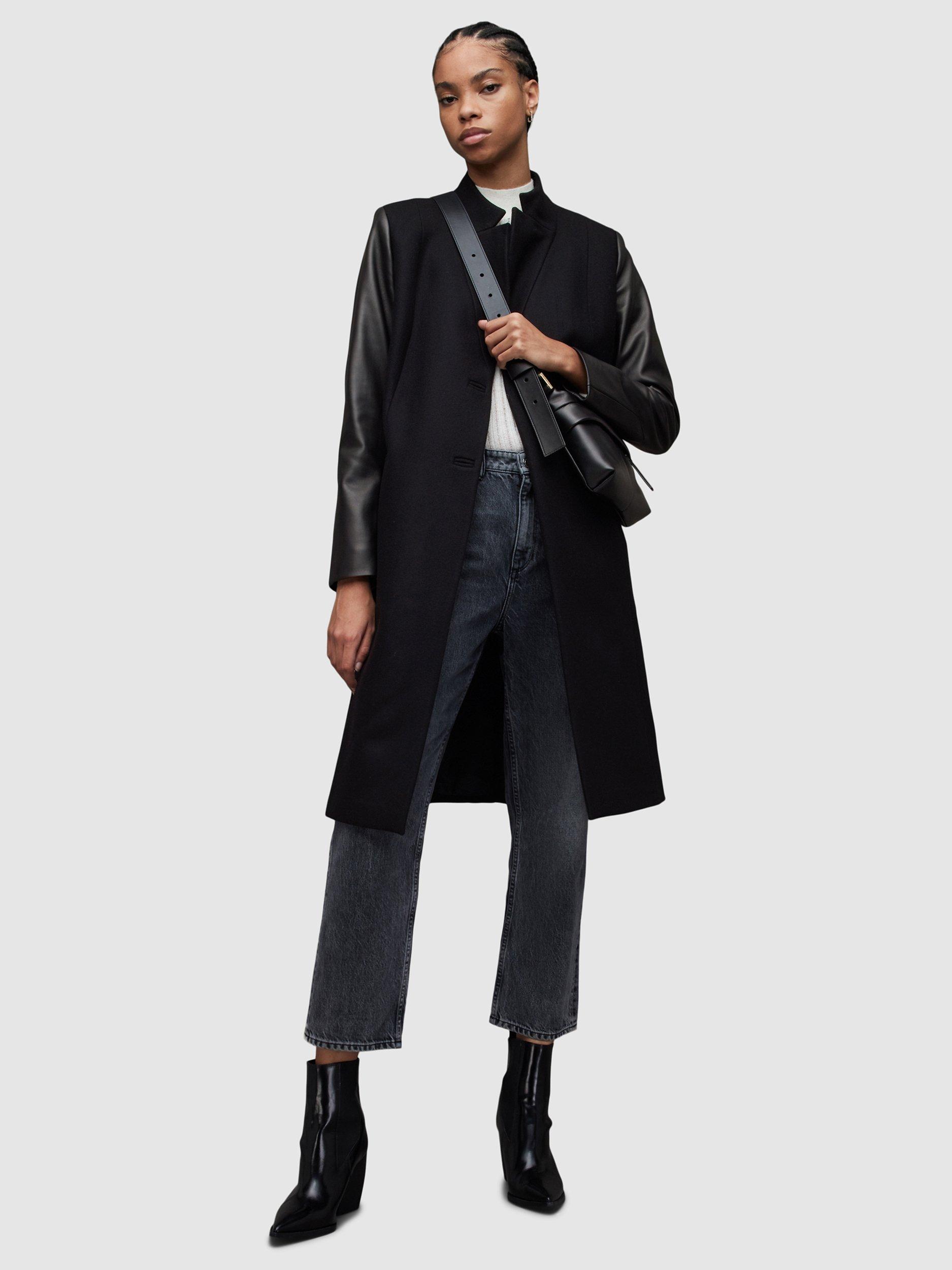 Product image 7 of 11, which shows AllSaints Sidney Leather and Wool Coat, Black, 8