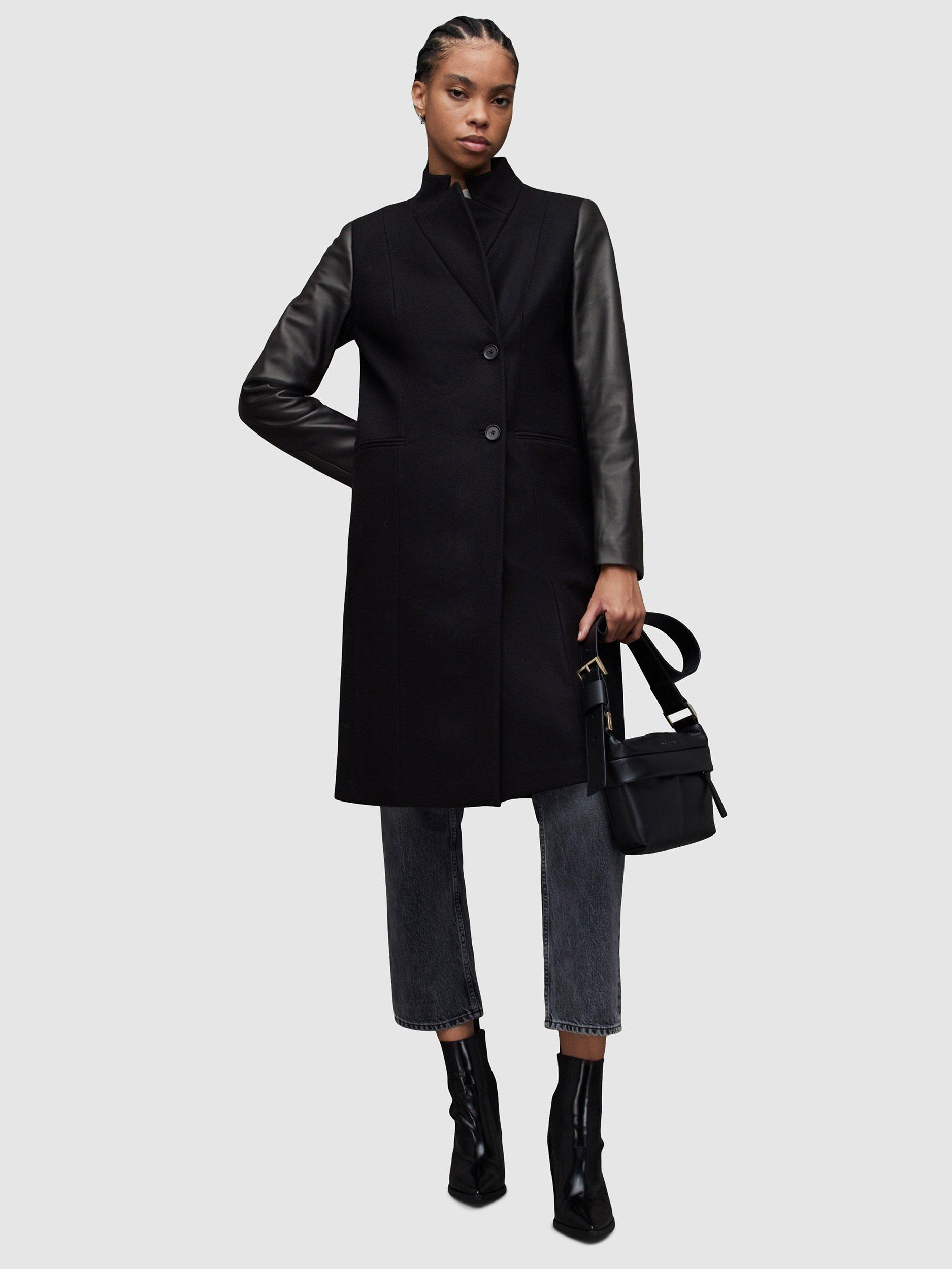 Product image 8 of 11, which shows AllSaints Sidney Leather and Wool Coat, Black, 8