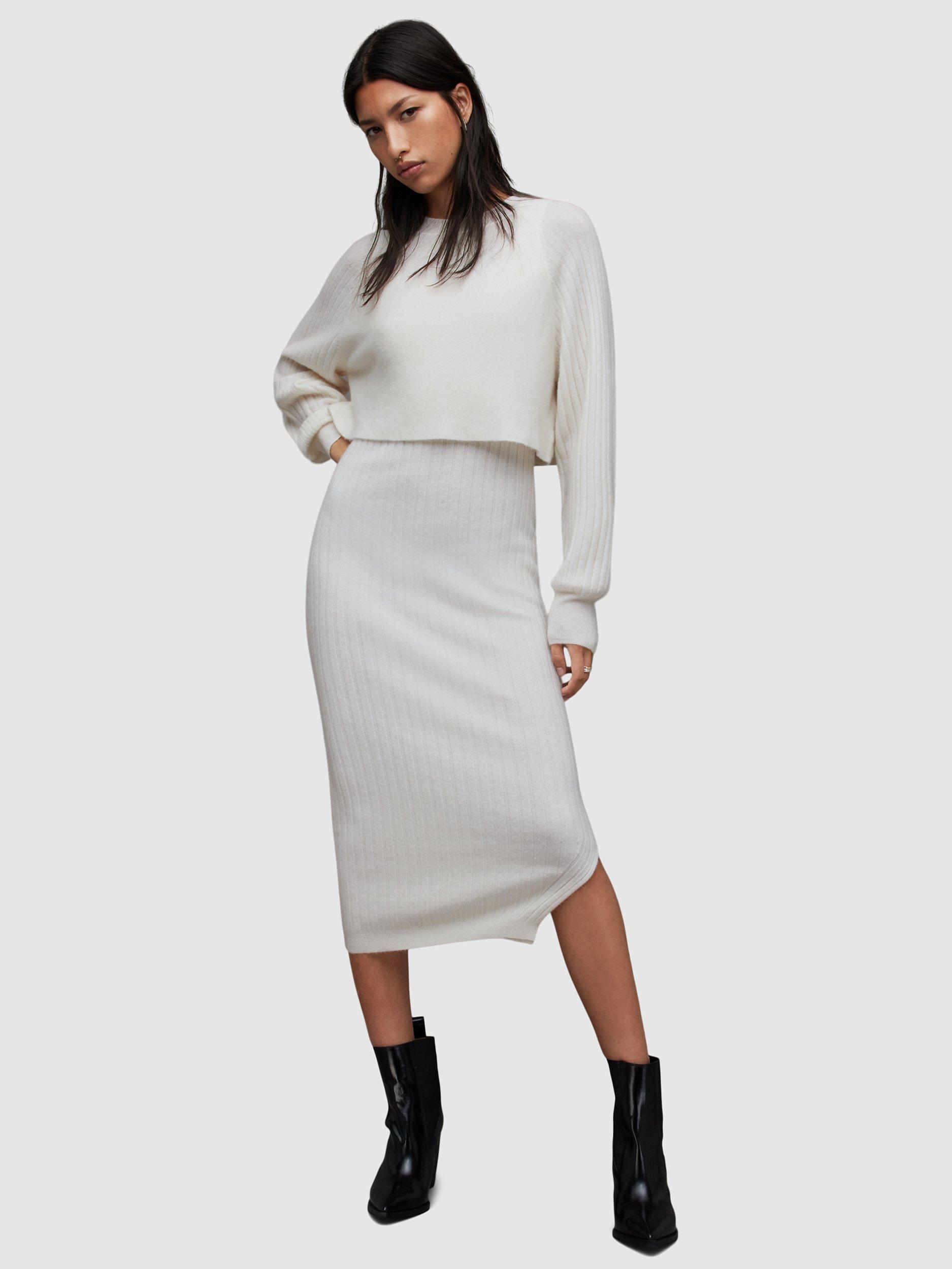 AllSaints Margot 2-in-1 Ribbed Midi Dress, Chalk White