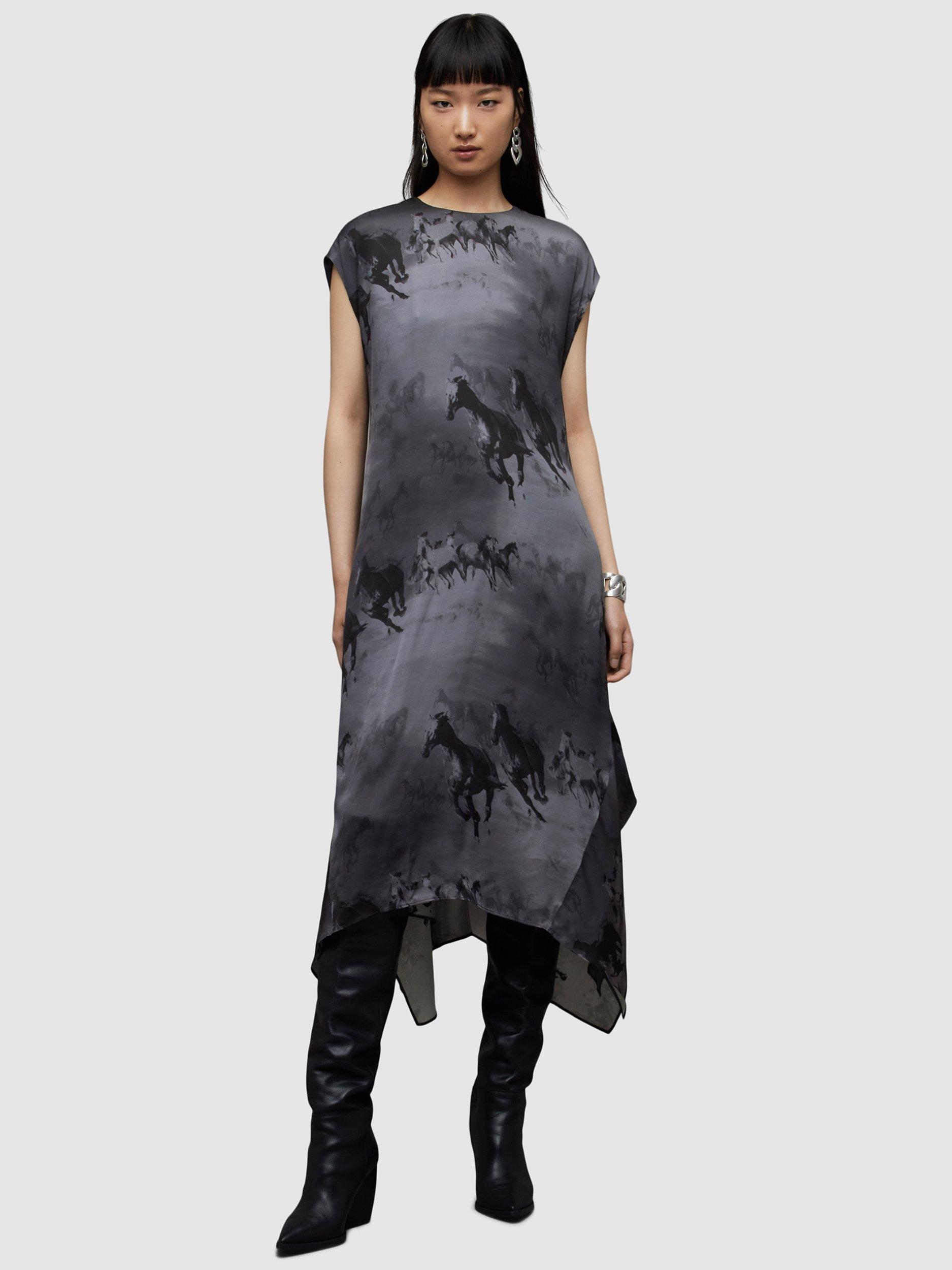 AllSaints Gian Dionne Horse Print Midi Dress, Slate Grey